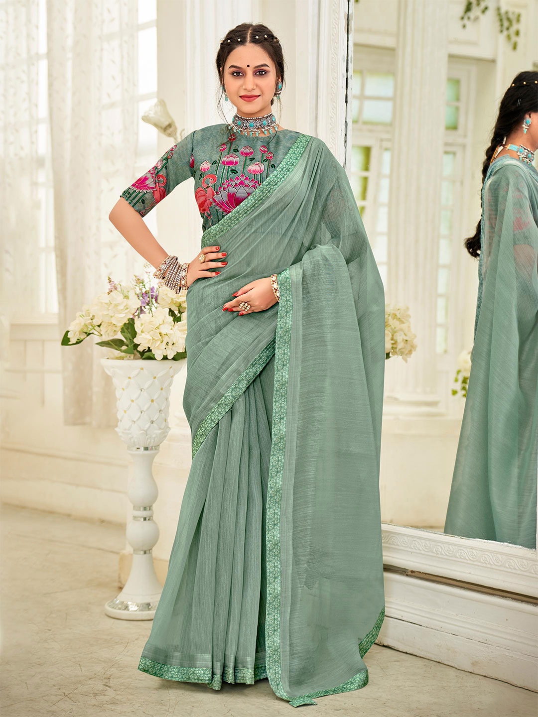

ALAGINI Sequinned Embroidery Gadwal Saree, Sea green