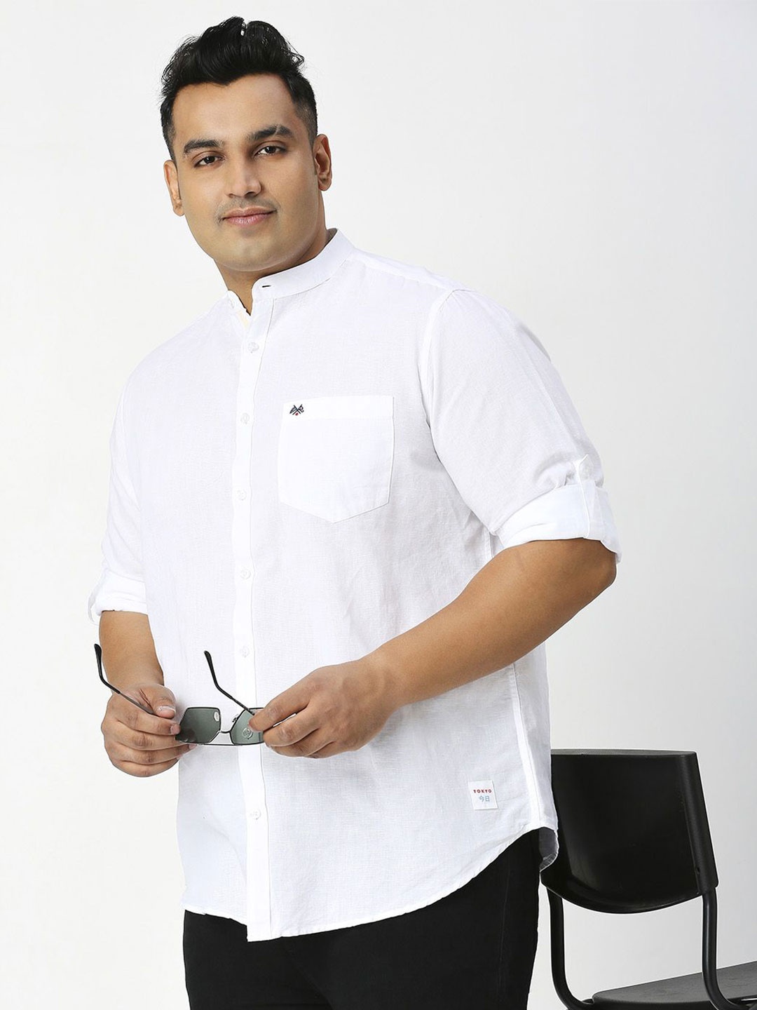 

Thomas Scott Plus Size Premium Mandarin Collar Roll-Up Sleeves Cotton Linen Casual Shirt, White