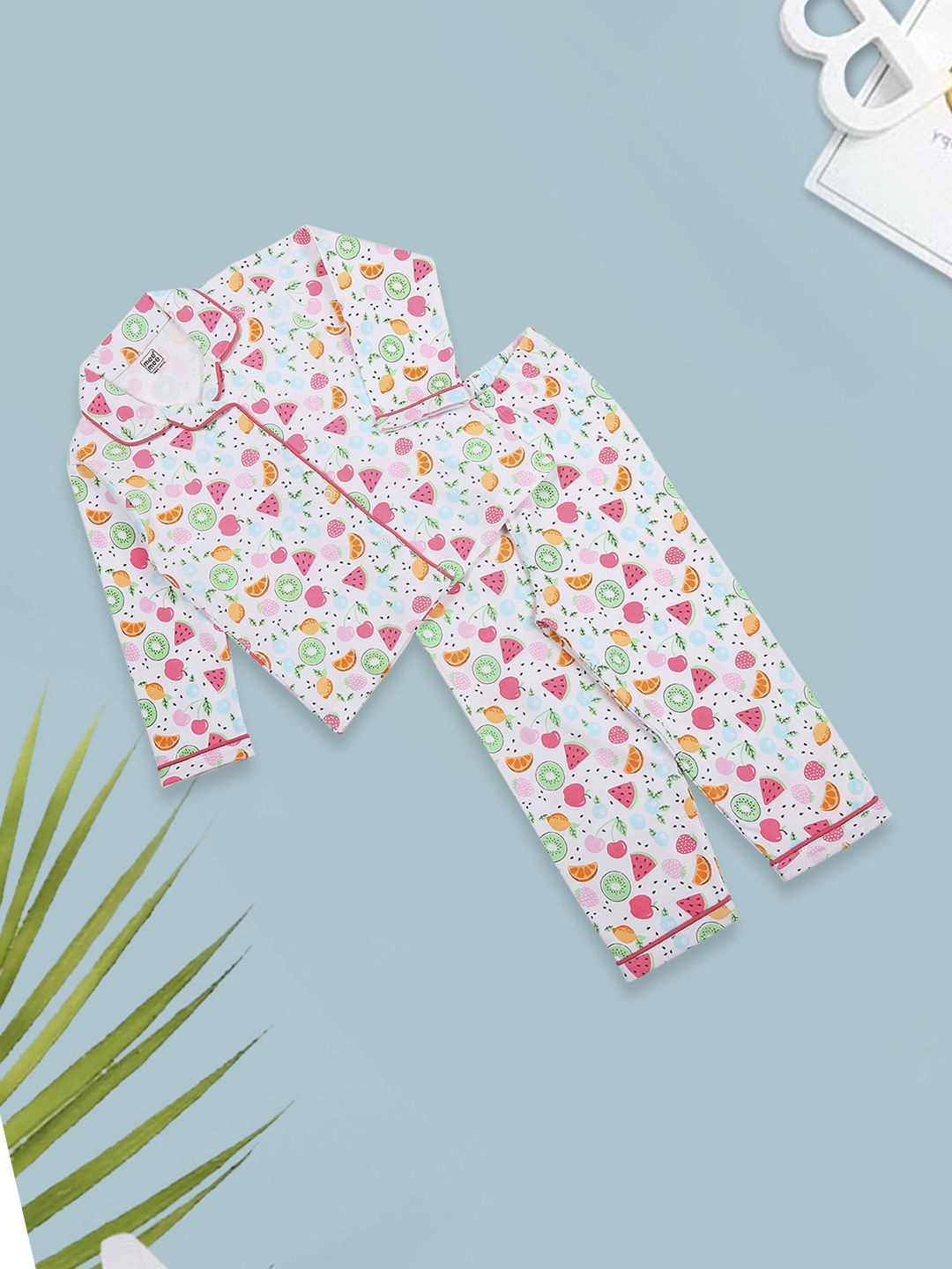 

MeeMee Boys Graphic Printed Lapel Collar Pure Cotton Night suit, White