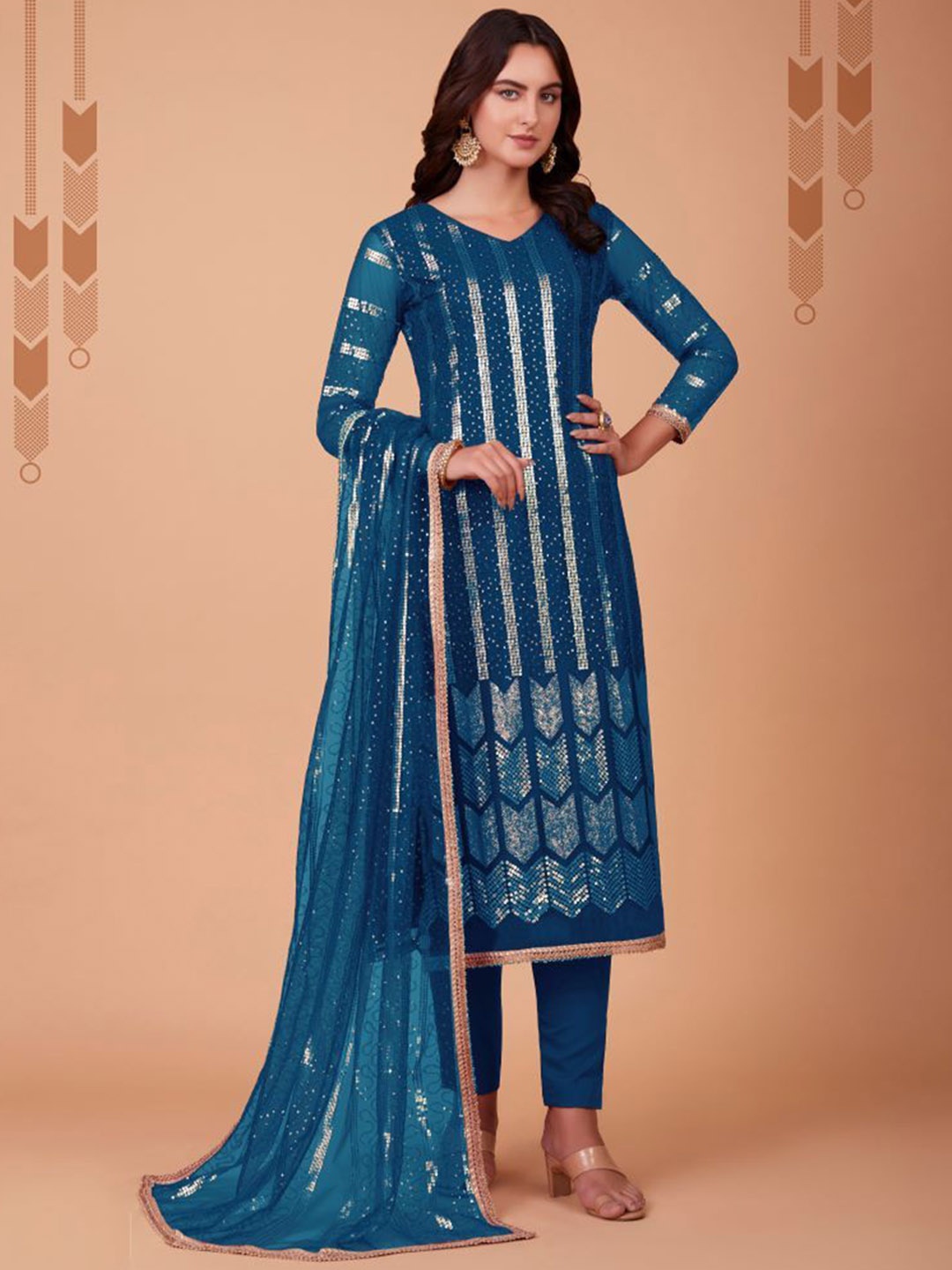 

Fashionuma Striped Embroidered V-Neck Net Straight Kurta With Trousers & Dupatta, Blue