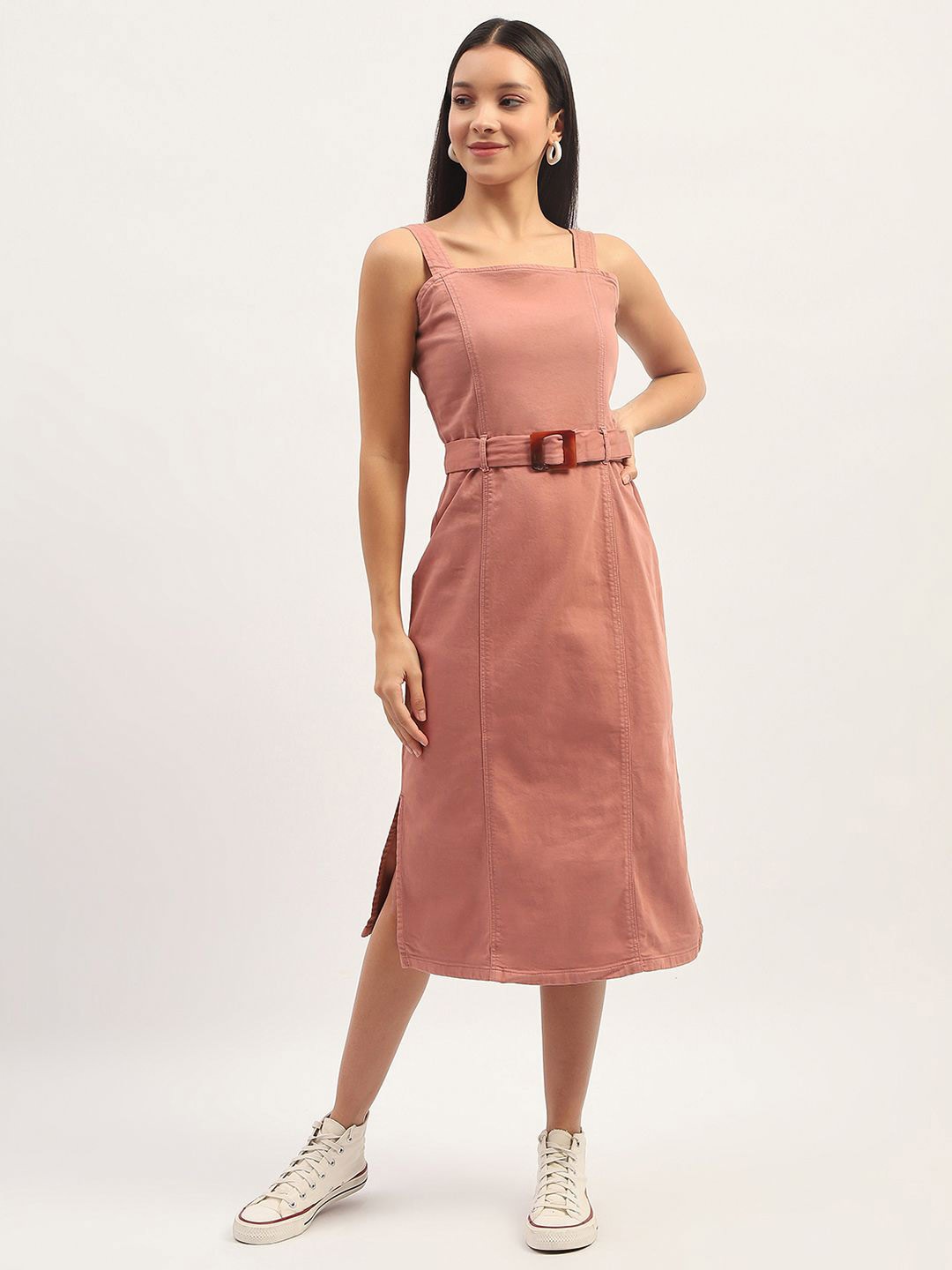 

Madame Shoulder Straps Cotton A-Line Midi Dress, Pink