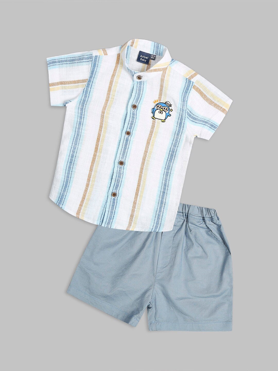 

Actuel Boys Striped Mandarin Collar Pure Cotton Shirt with Shorts, White