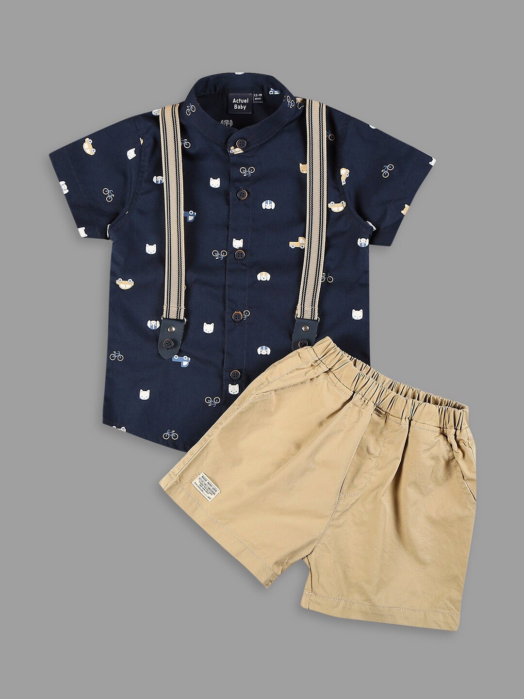 

Actuel Boys Printed Mandarin Collar Pure Cotton Shirt With Short, Navy blue