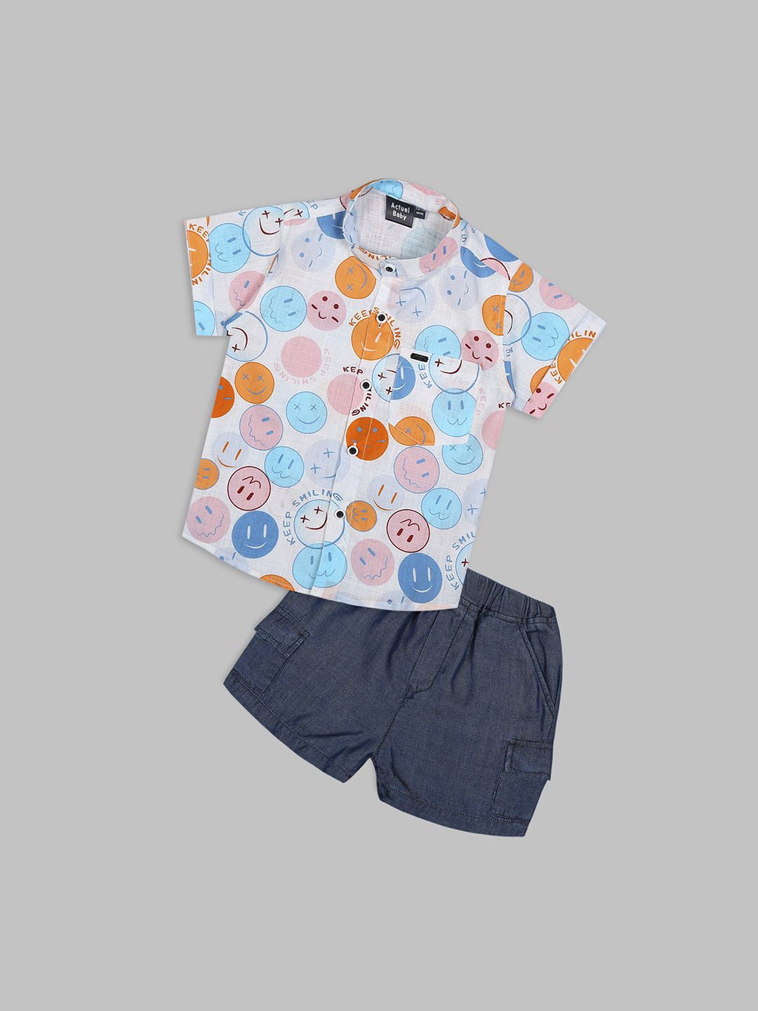 

Actuel Boys Printed Mandarin Collar Pure Cotton Shirt with Shorts, White