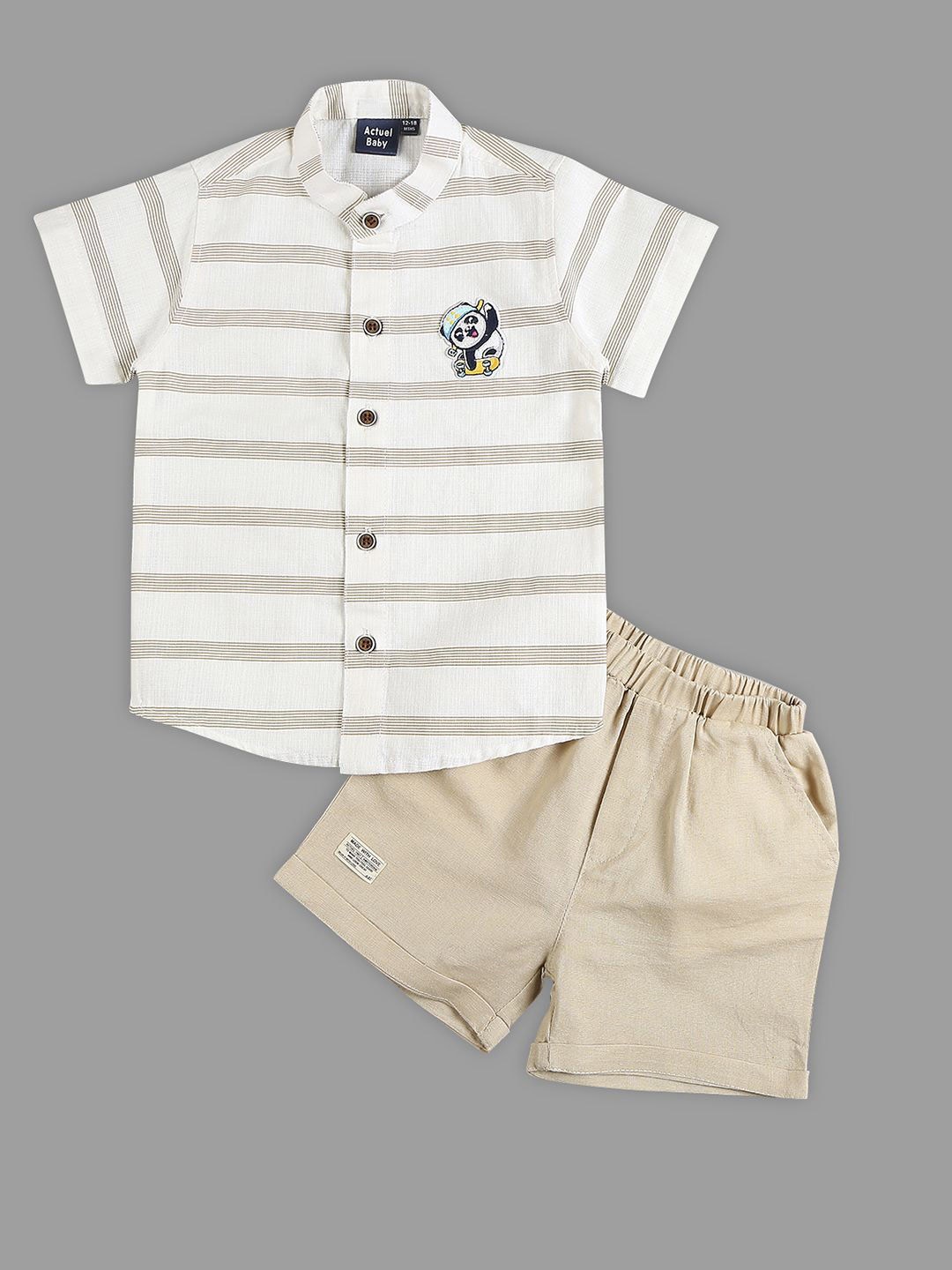 

Actuel Boys Striped Mandarin Collar Shirt with Shorts, Cream