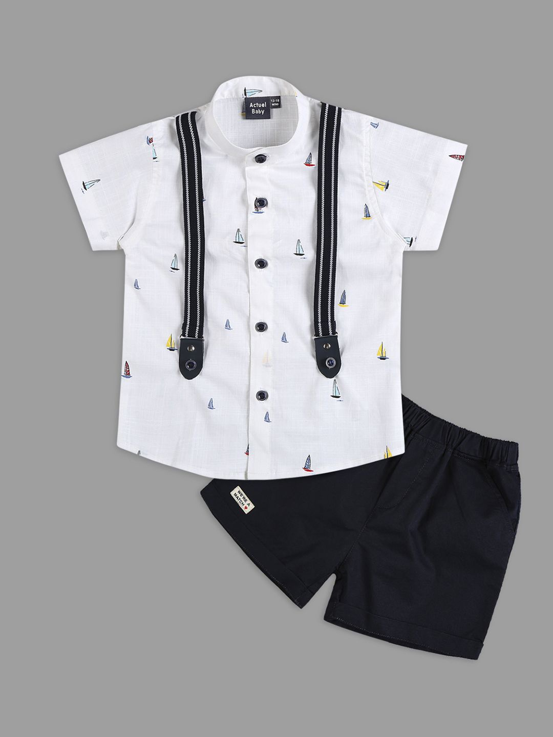 

Actuel Boys Printed Mandarin Collar Pure Cotton Shirt with Shorts, White