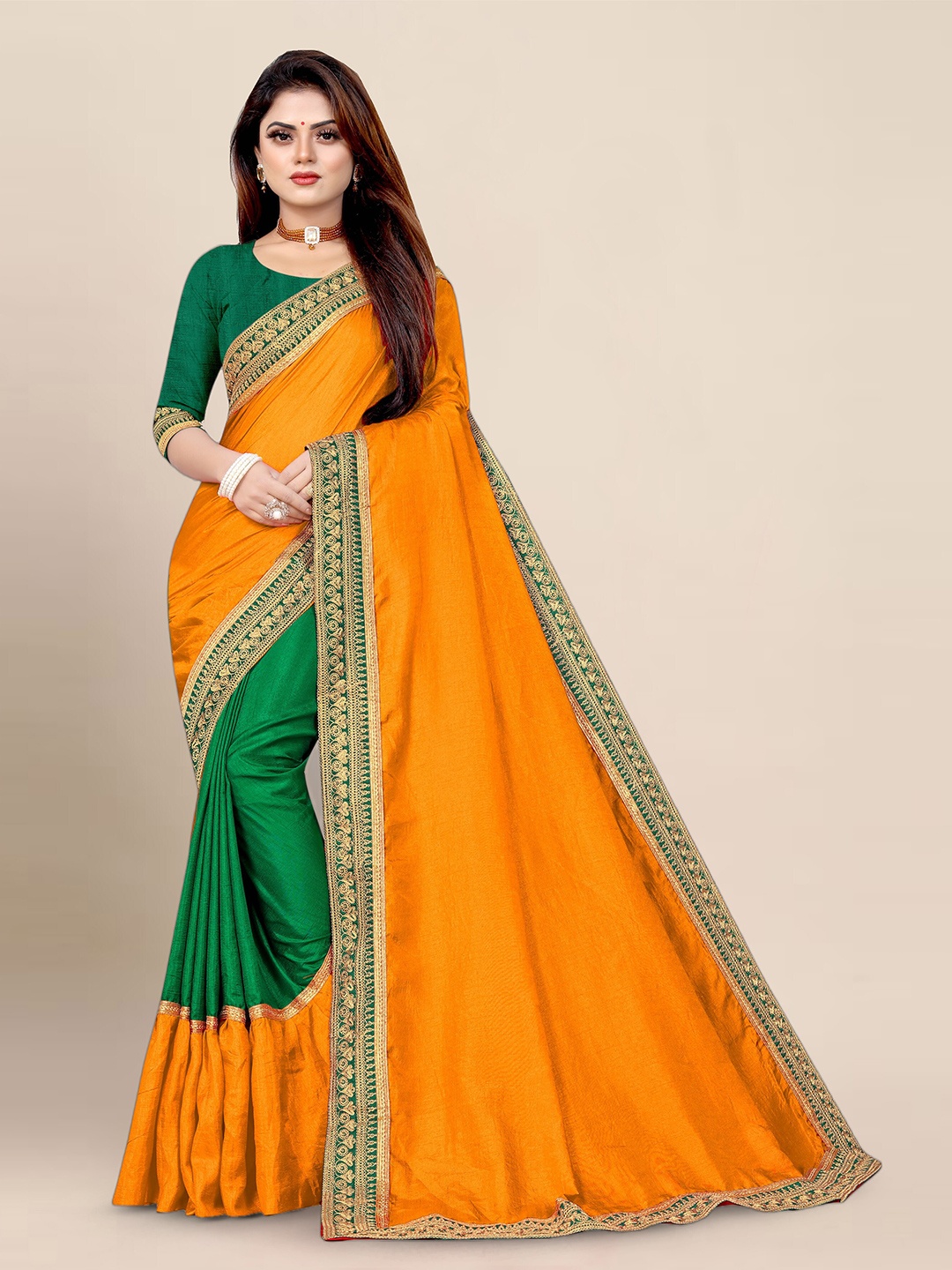 

BerMondsey Embroidered Half and Half Banarasi Saree, Yellow