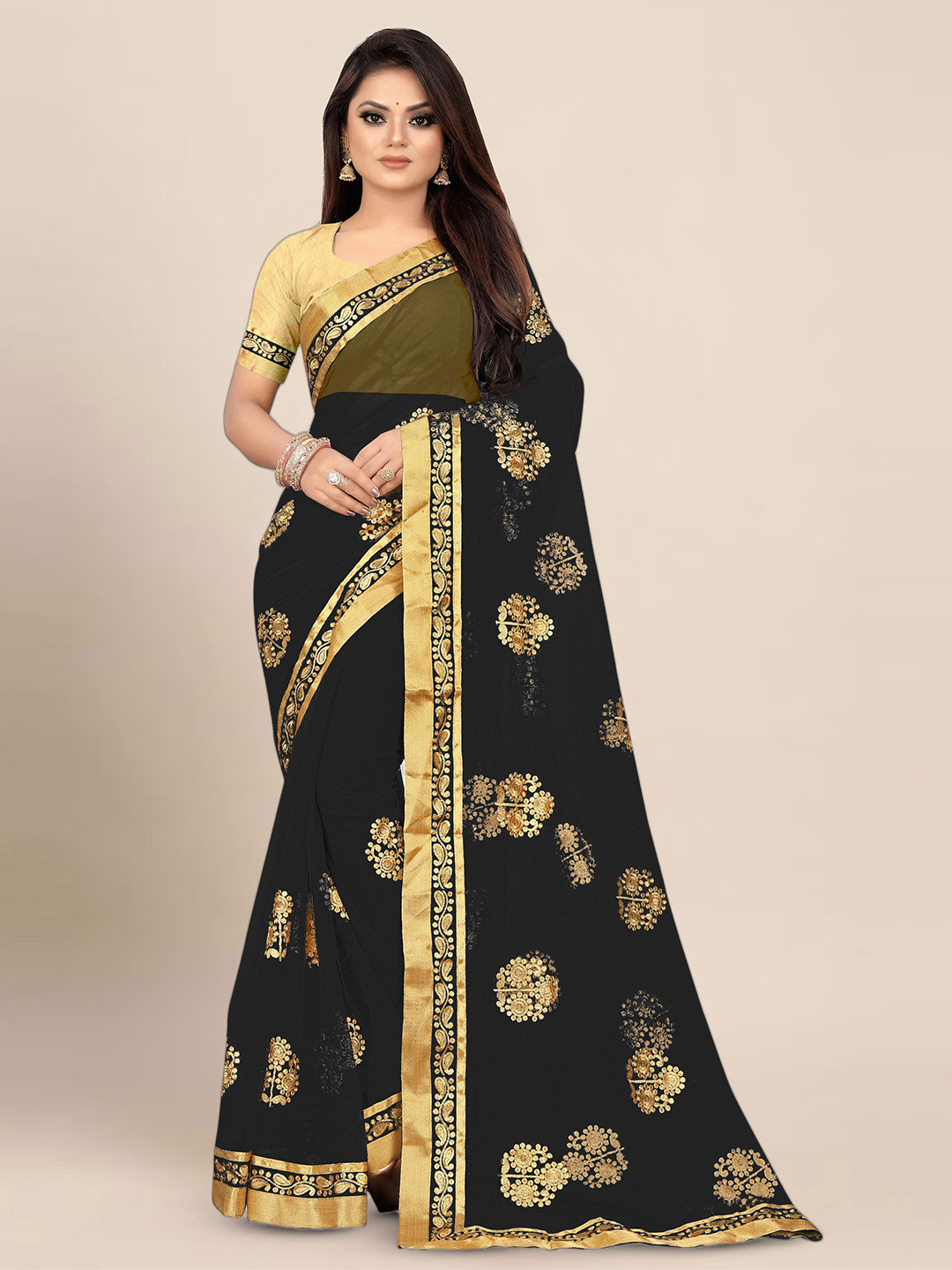 

BerMondsey Embellished Embroidered Saree, Black