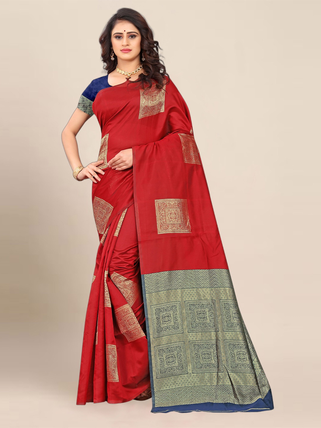 

BerMondsey Woven Design Zari Banarasi Saree, Red