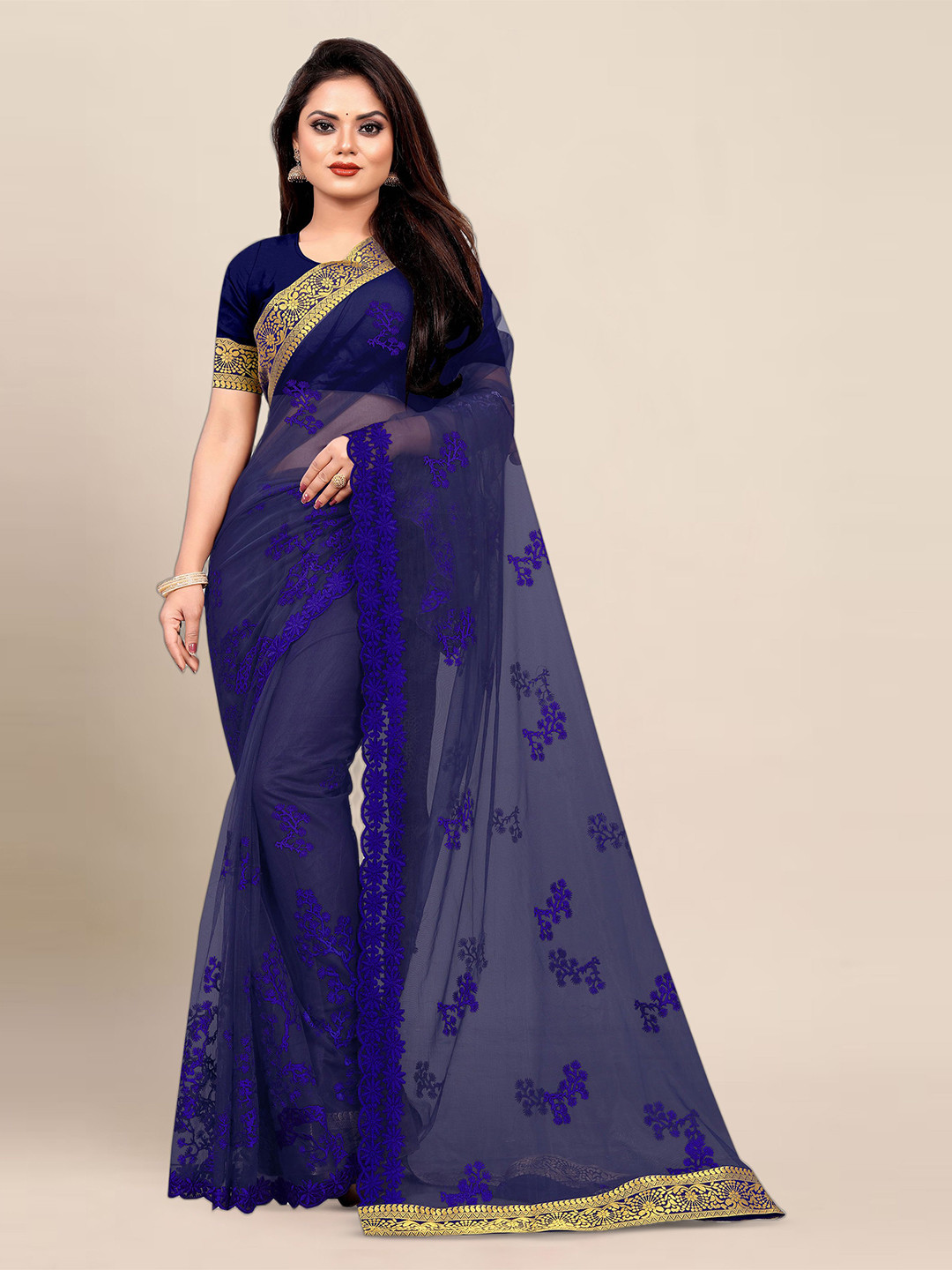 

BerMondsey Ethnic Motifs Embroidered Saree, Blue