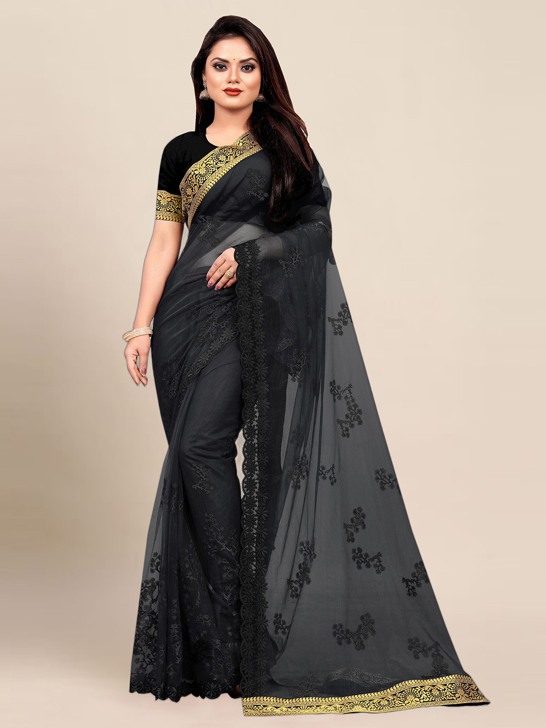 

BerMondsey Embellished Zari Banarasi Saree, Black