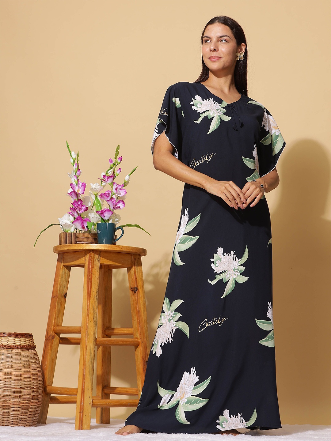 

9shines Label Floral Printed Maxi Kaftan Nightdress, Navy blue