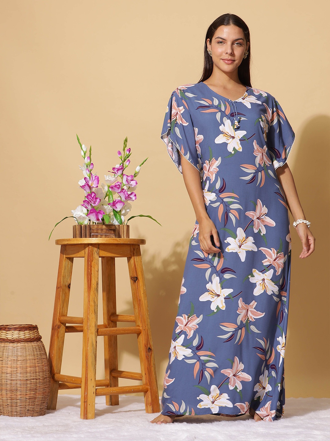 

9shines Label Floral Printed V-Neck Maxi Kaftan Nightdress, Blue