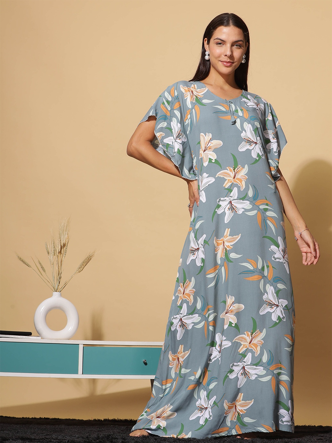 

9shines Label Floral Printed Maxi Kaftan Nightdress, Grey