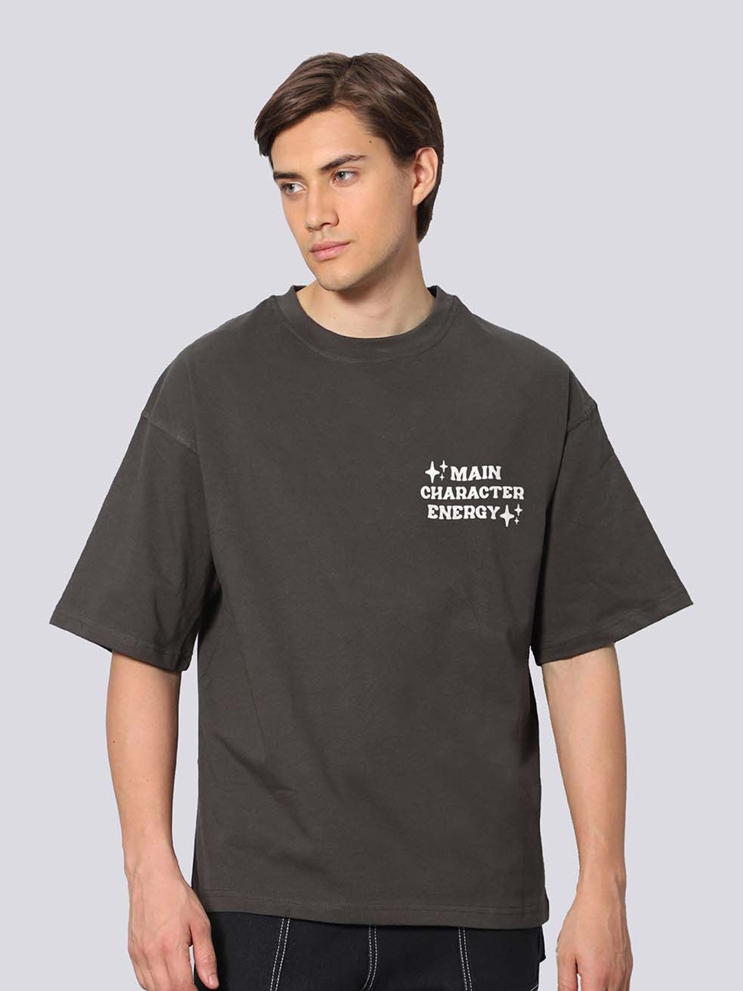

Besick Typography Printed Round Neck Short Drop-Shoulder Sleeves Cotton Oversized T-shirt, Grey