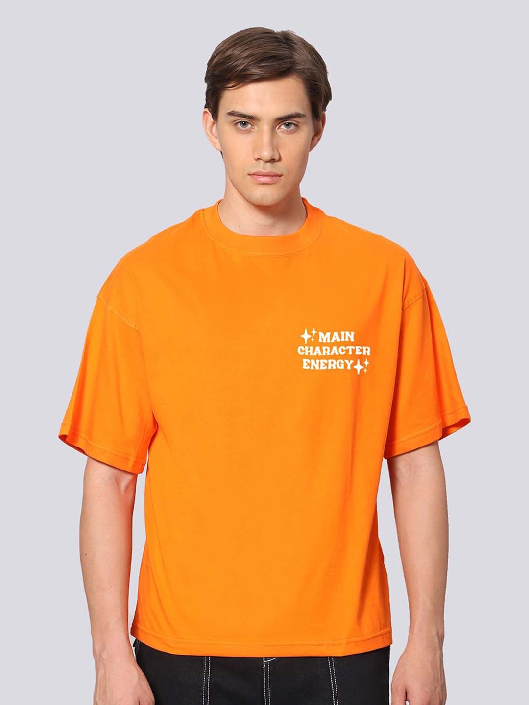 

Besick Men Round Neck Oversized Solid Pure Cotton T-shirt, Orange