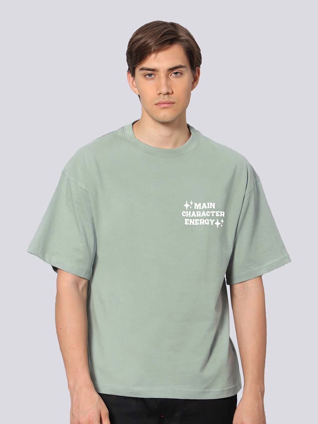 

Besick Typography Printed Round Neck Short Drop-Shoulder Sleeves Cotton Oversized T-shirt, Sea green