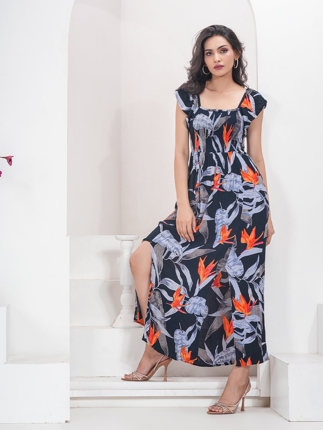 

DEBONATELLA Floral Printed Smocked Square Neck Flutter Sleeves Crepe Maxi Dress, Navy blue