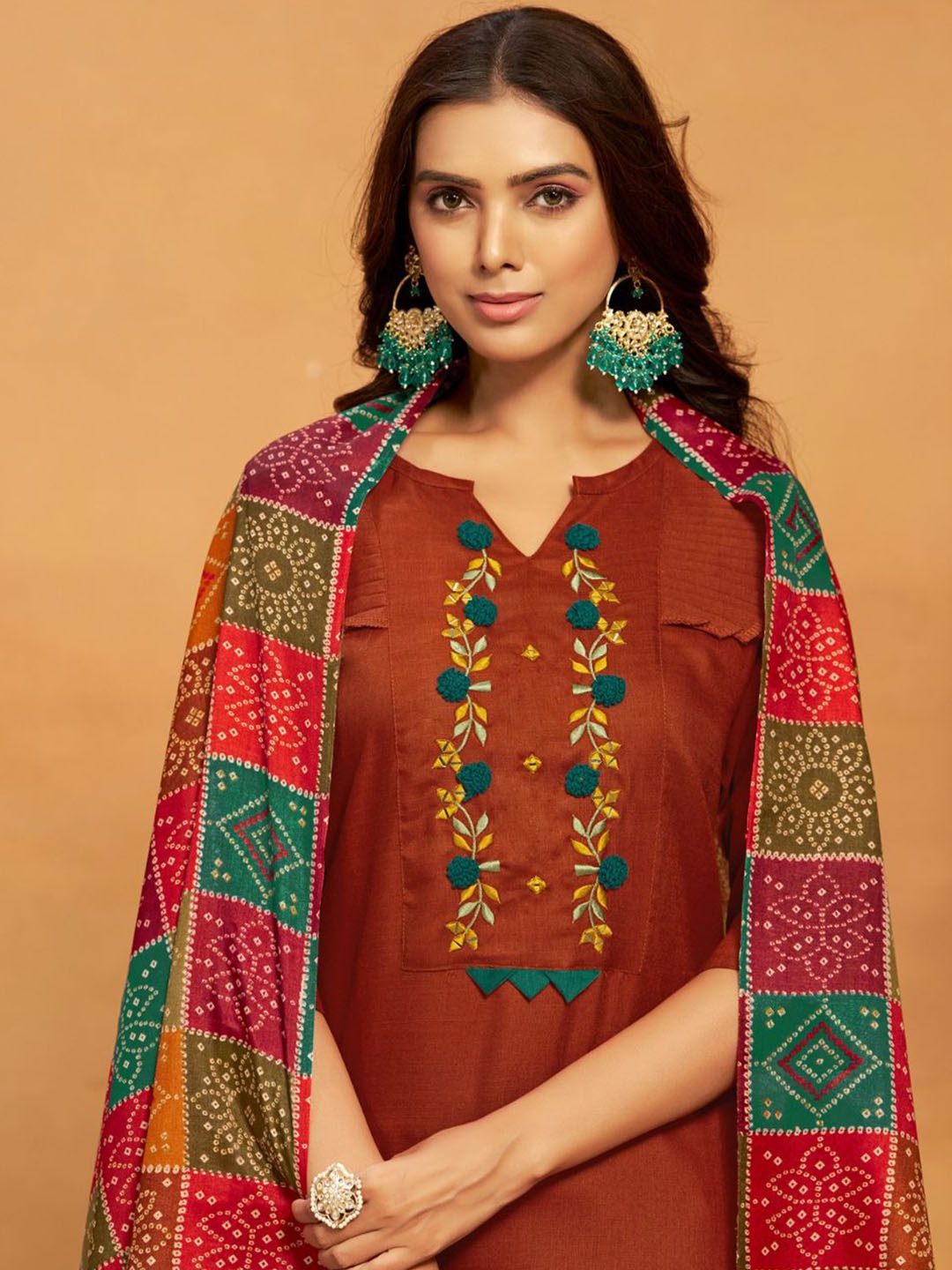 

KALINI Ethnic Motifs Yoke Design Regular Thread Work Straight Kurta With Salwar & Dupatta, Rust
