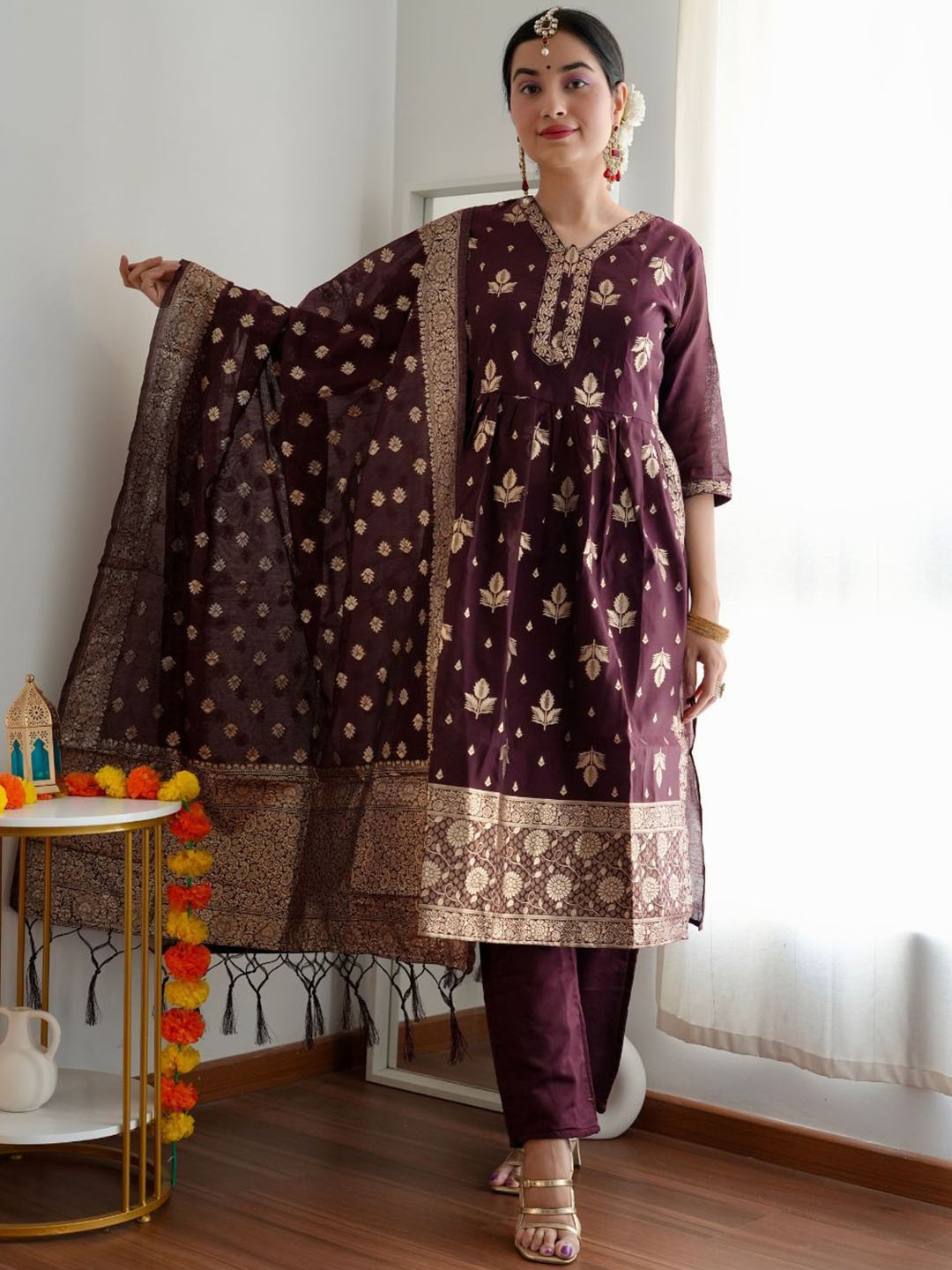 

KALINI Ethnic Motifs V-Neck Three-Quarter Sleeves Kurta with Trousers & With Dupatta, Purple