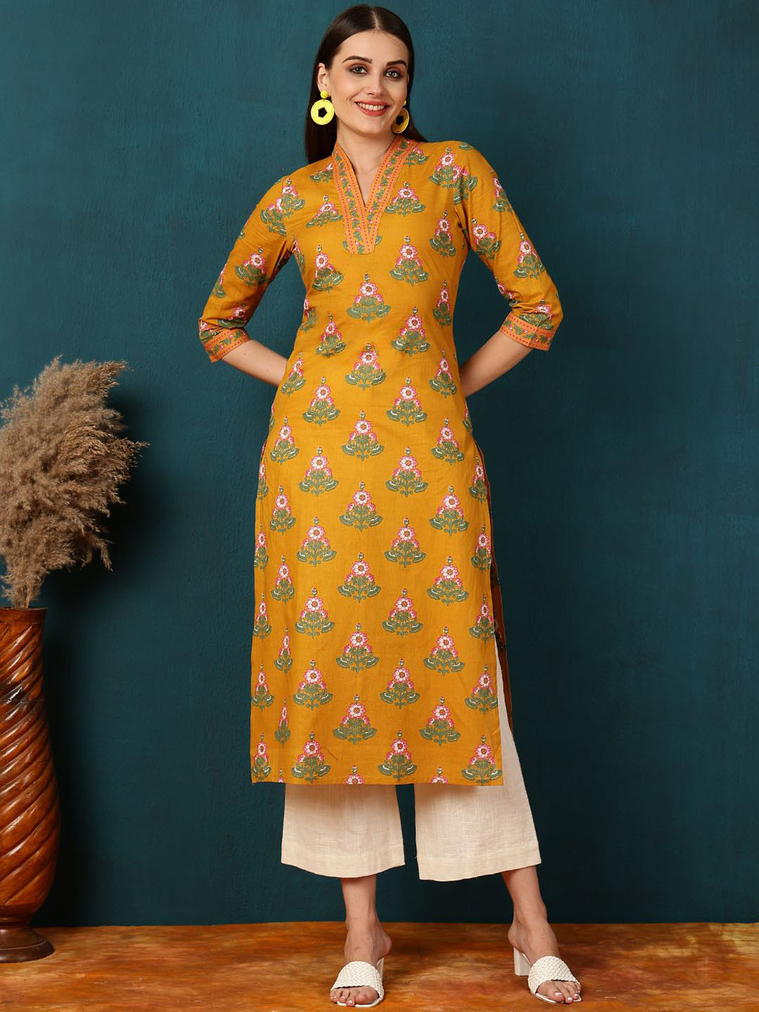 

GULMOHAR JAIPUR Floral Printed V-Neck Cotton Straight Kurta, Mustard