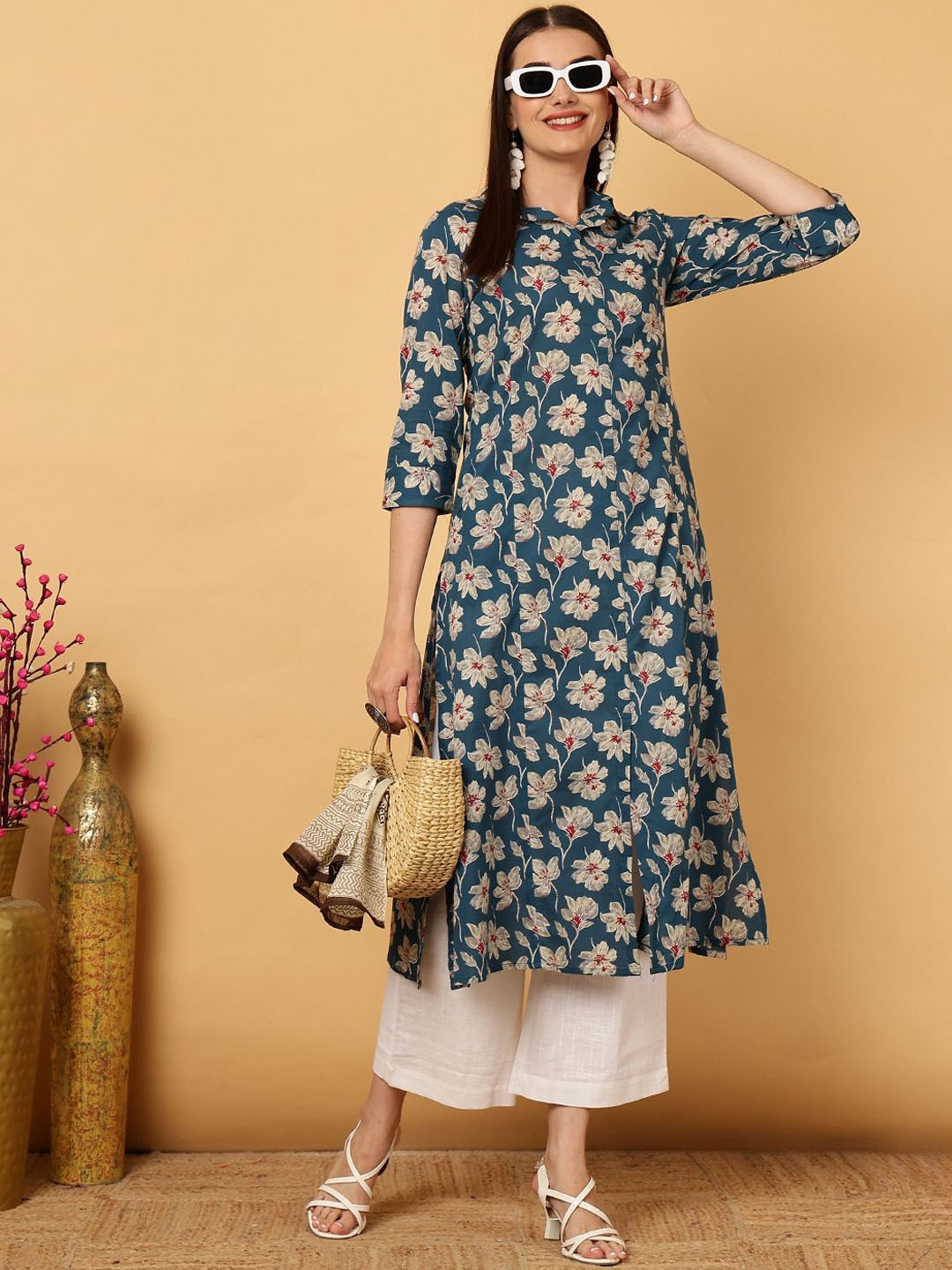 

GULMOHAR JAIPUR Floral Printed Shirt Collar Anarkali Kurta, Blue