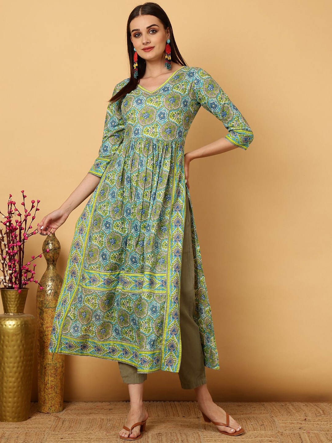

GULMOHAR JAIPUR Ethnic Motifs Printed Flared Cotton Anarkali Kurta, Green
