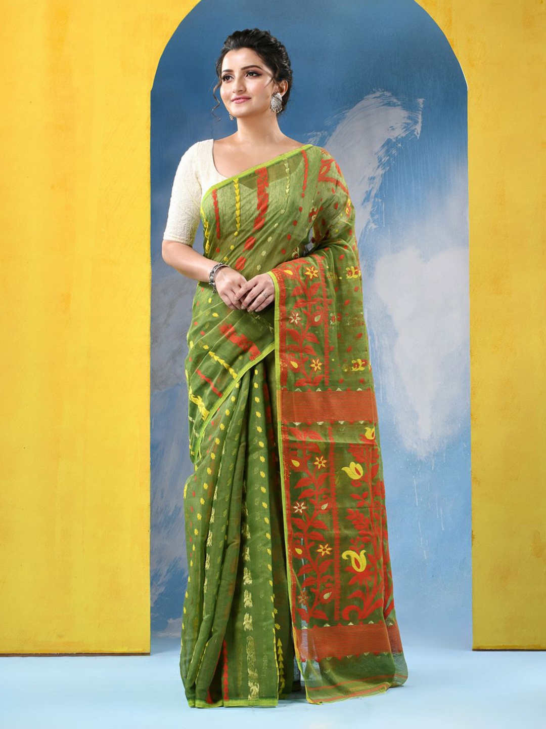 

DESH BIDESH Woven Design Jamdani Saree, Green