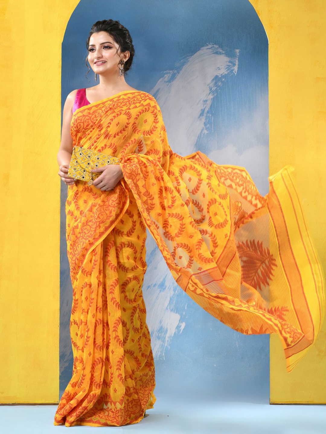 

DESH BIDESH Ethnic Motifs Jamdani Saree, Yellow