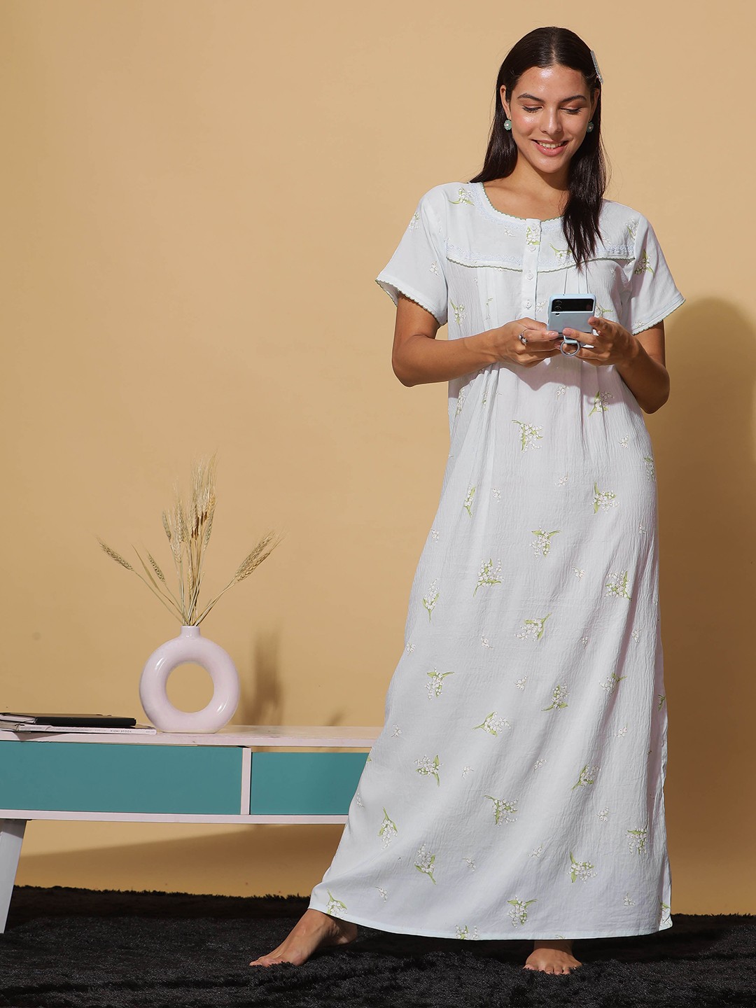

9shines Label Floral Printed Embroidered Detail Maxi Nightdress, Blue