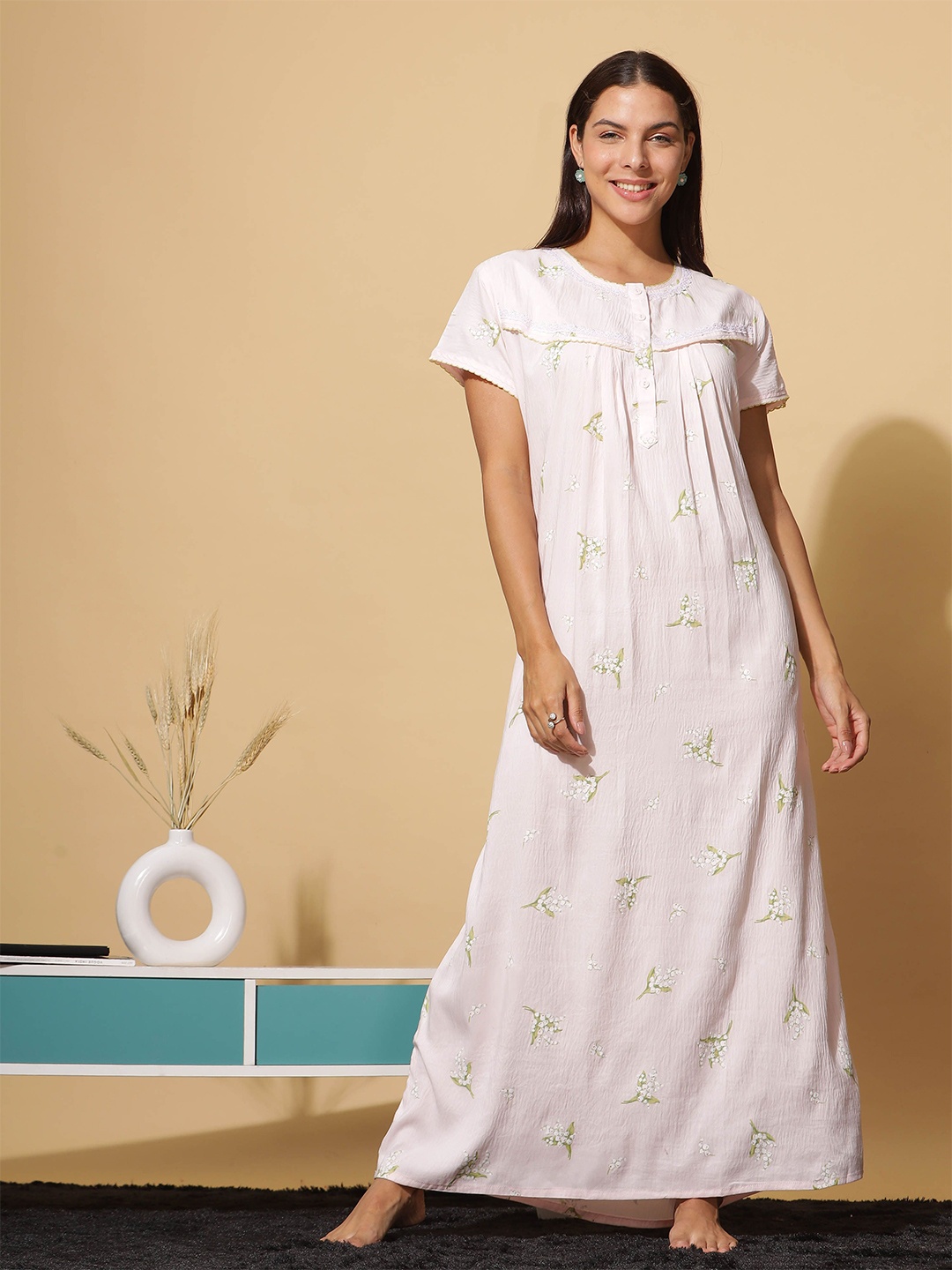 

9shines Label Floral Printed Maxi Regular Nightdress, Peach