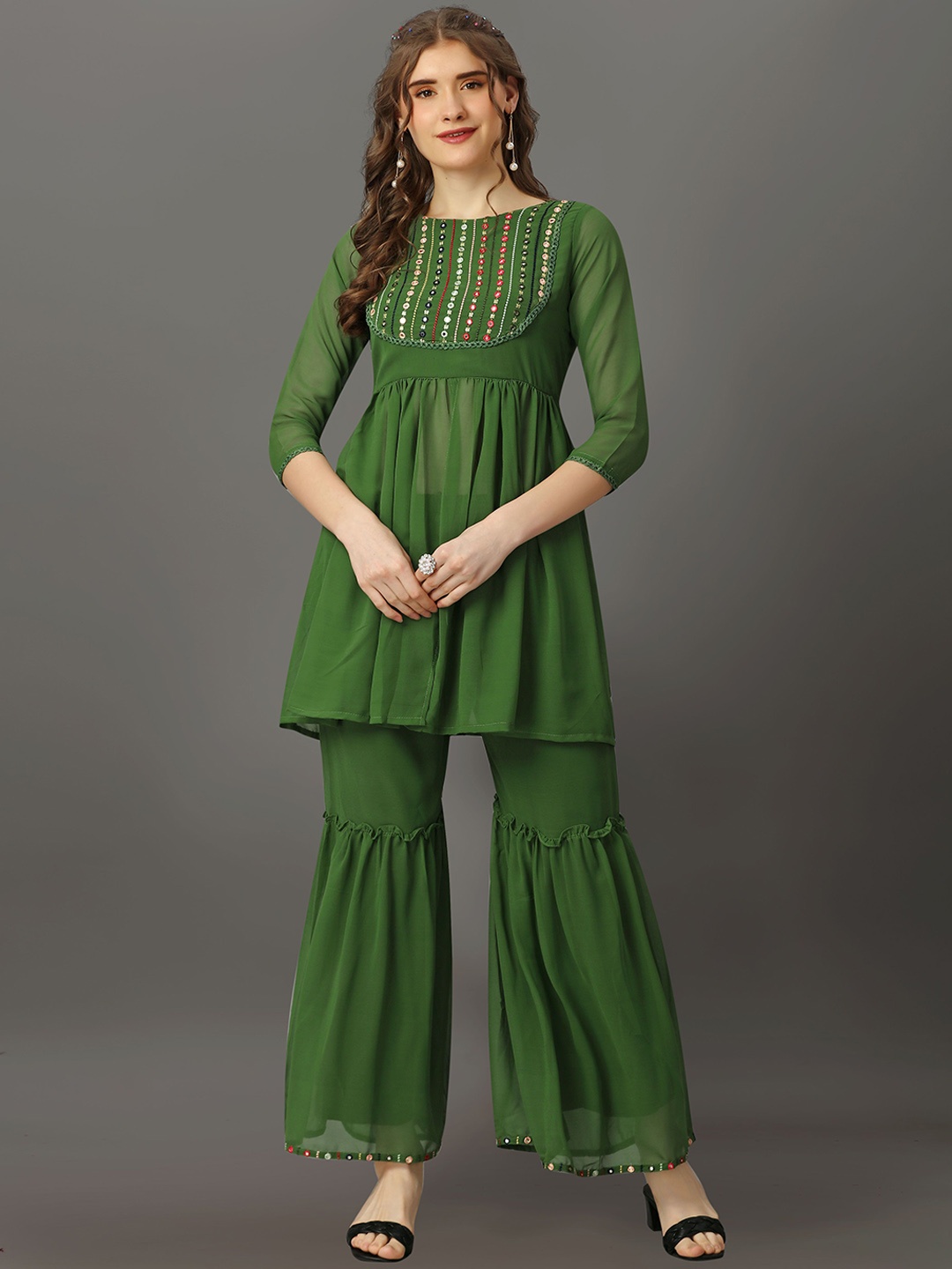 

Fashion FRICKS Floral Embroidered Regular Thread Work Georgette A-Line Kurti with Sharara, Green