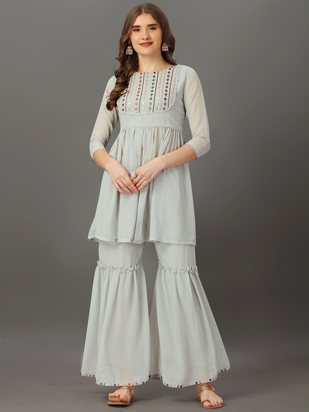 

Fashion FRICKS Floral Embroidered Thread Work Georgette A-Line Kurti With Sharara, Grey