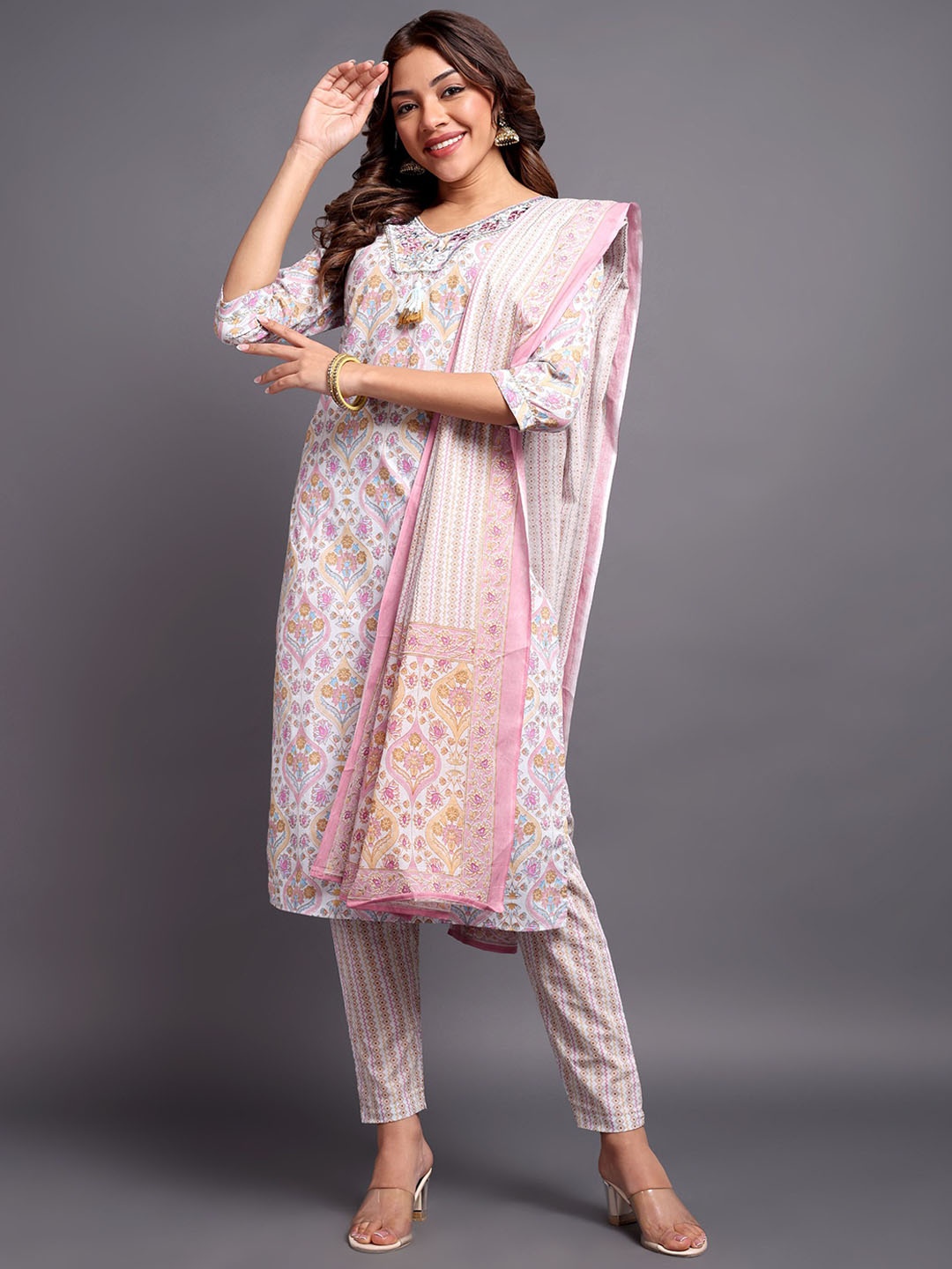 

AnjuShree Choice Floral Printed V-Neck Pure Cotton Straight Kurta with Trousers & Dupatta, White