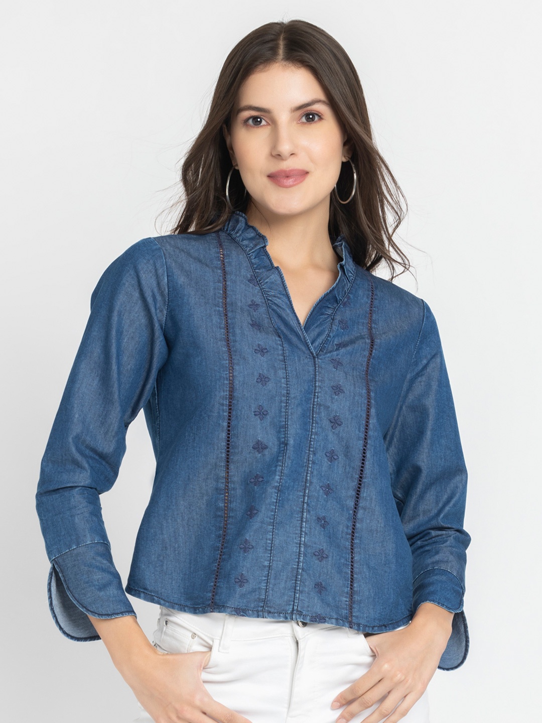 

SHAYE Mandarin Collar Denim Shirt Style Top, Blue