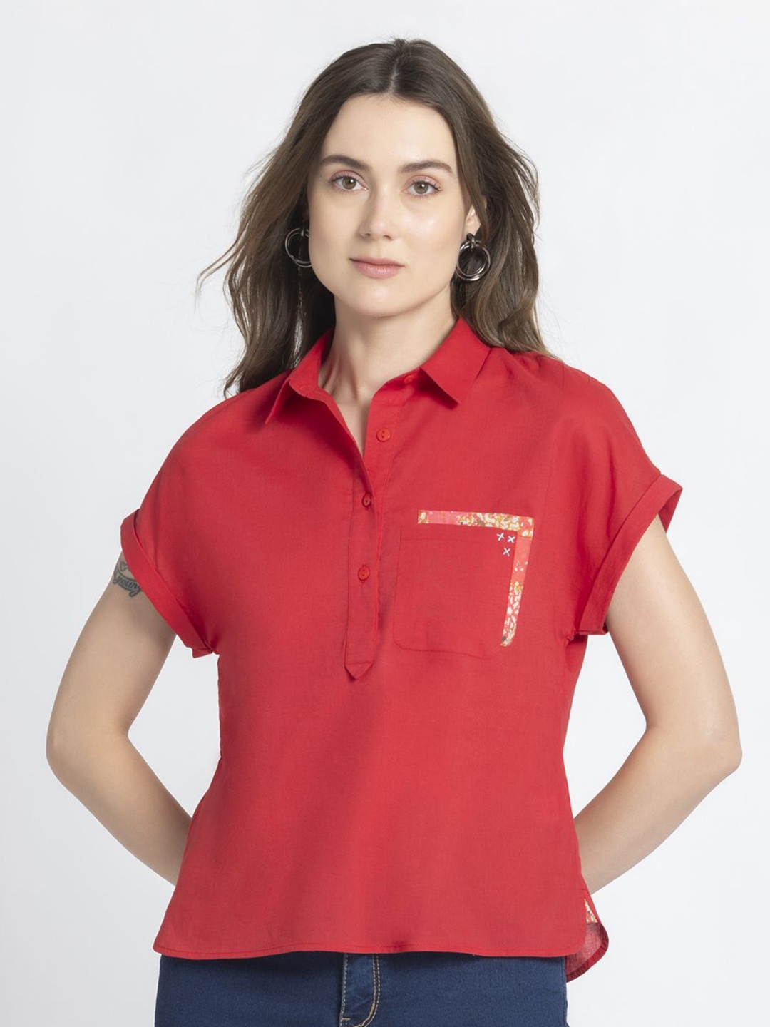 

SHAYE Extended Sleeves Pure Cotton Shirt Style Top, Red