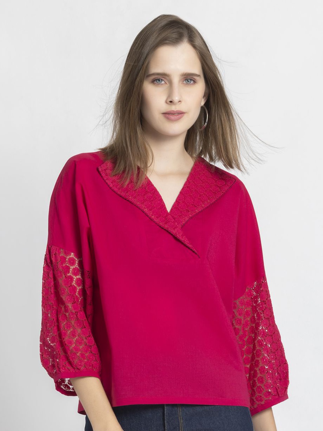

SHAYE Cotton Lace Inserts V-Neck Top, Pink