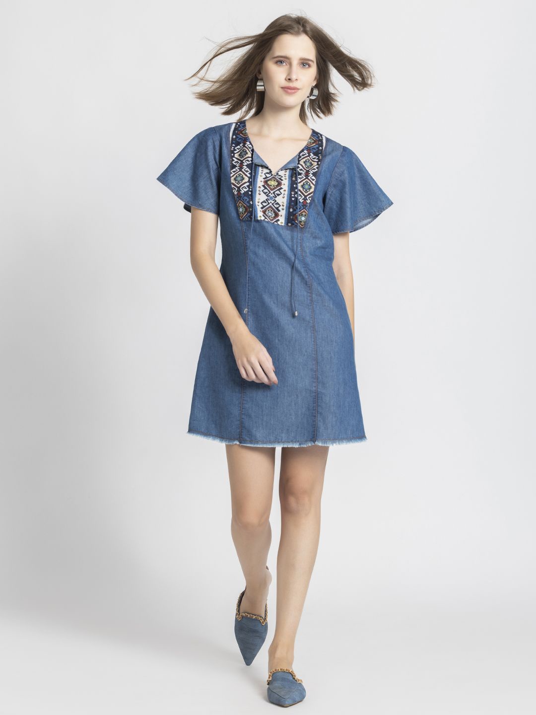 

SHAYE Flared Sleeve Straight Denim A-Line Dress, Blue