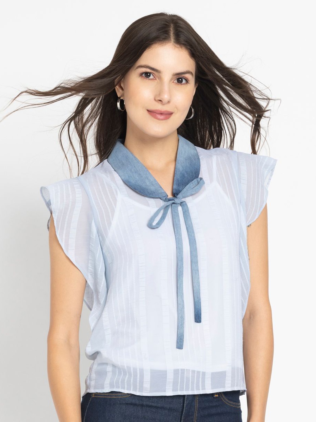 

SHAYE Striped Peter Pan Collar Flutter Sleeves Top, Blue