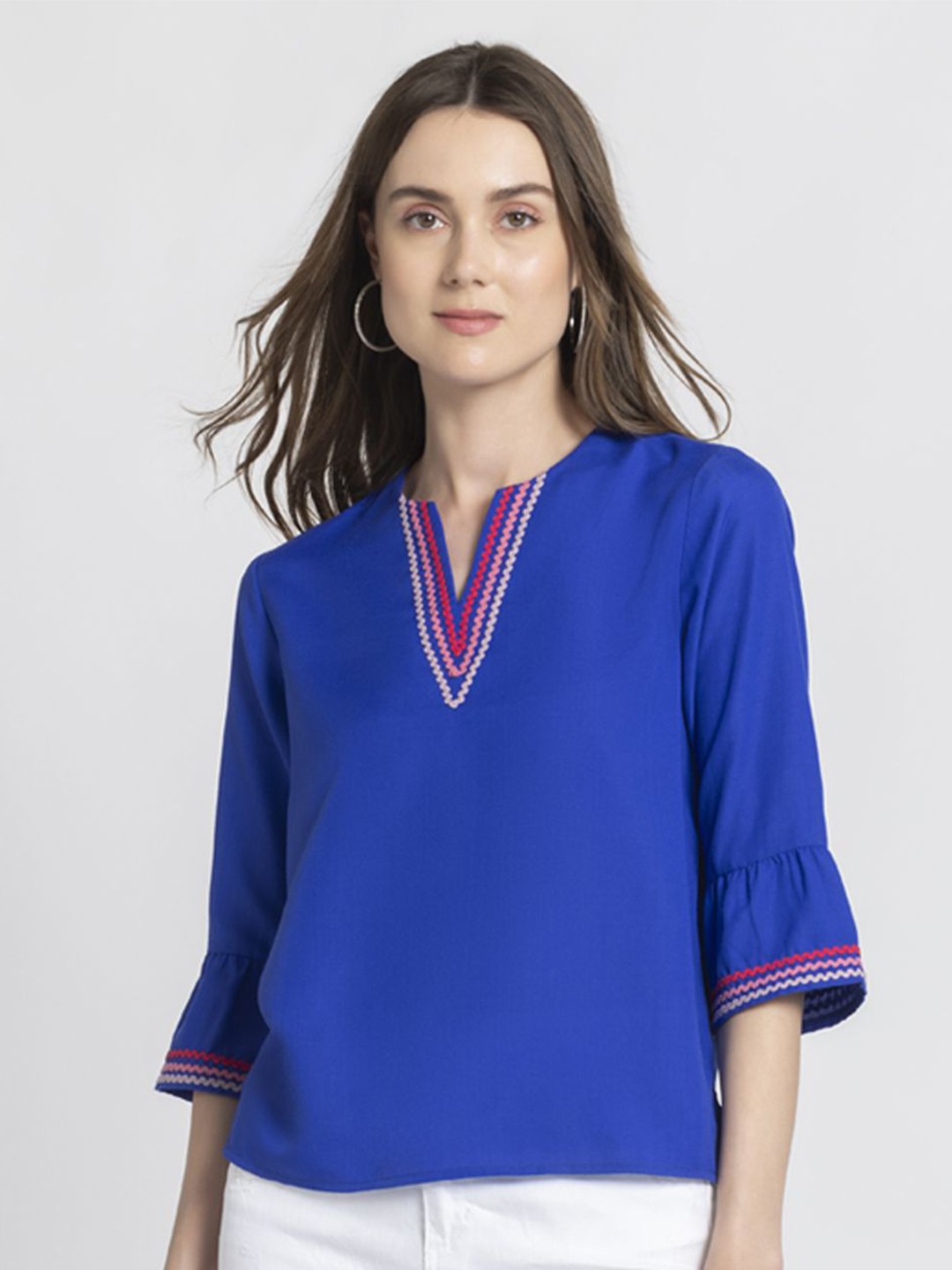 

SHAYE Bell Sleeves Lace Inserts Detail Top, Blue