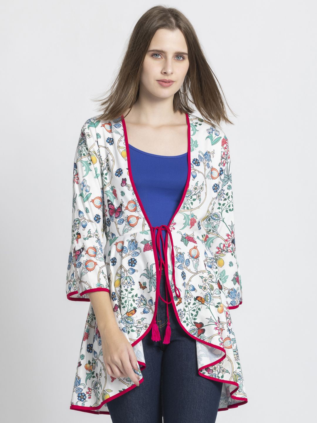 

SHAYE Floral Printed V-Neck Longline Tie-Up Shrug, White