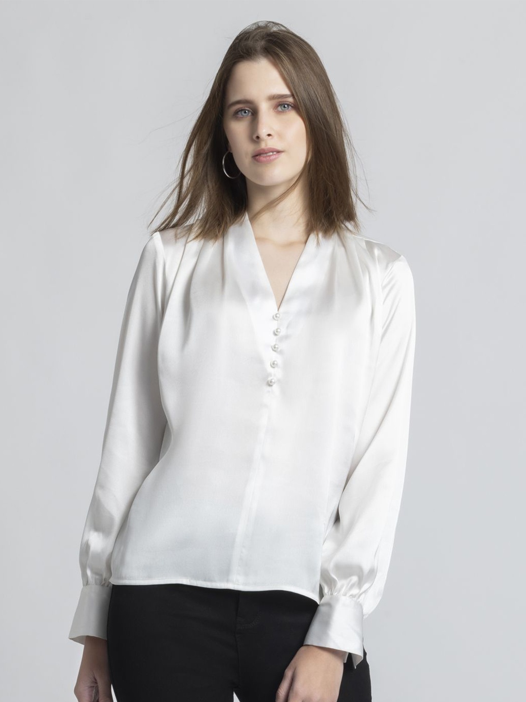 

SHAYE Satin Shirt Style V-Neck Top, White