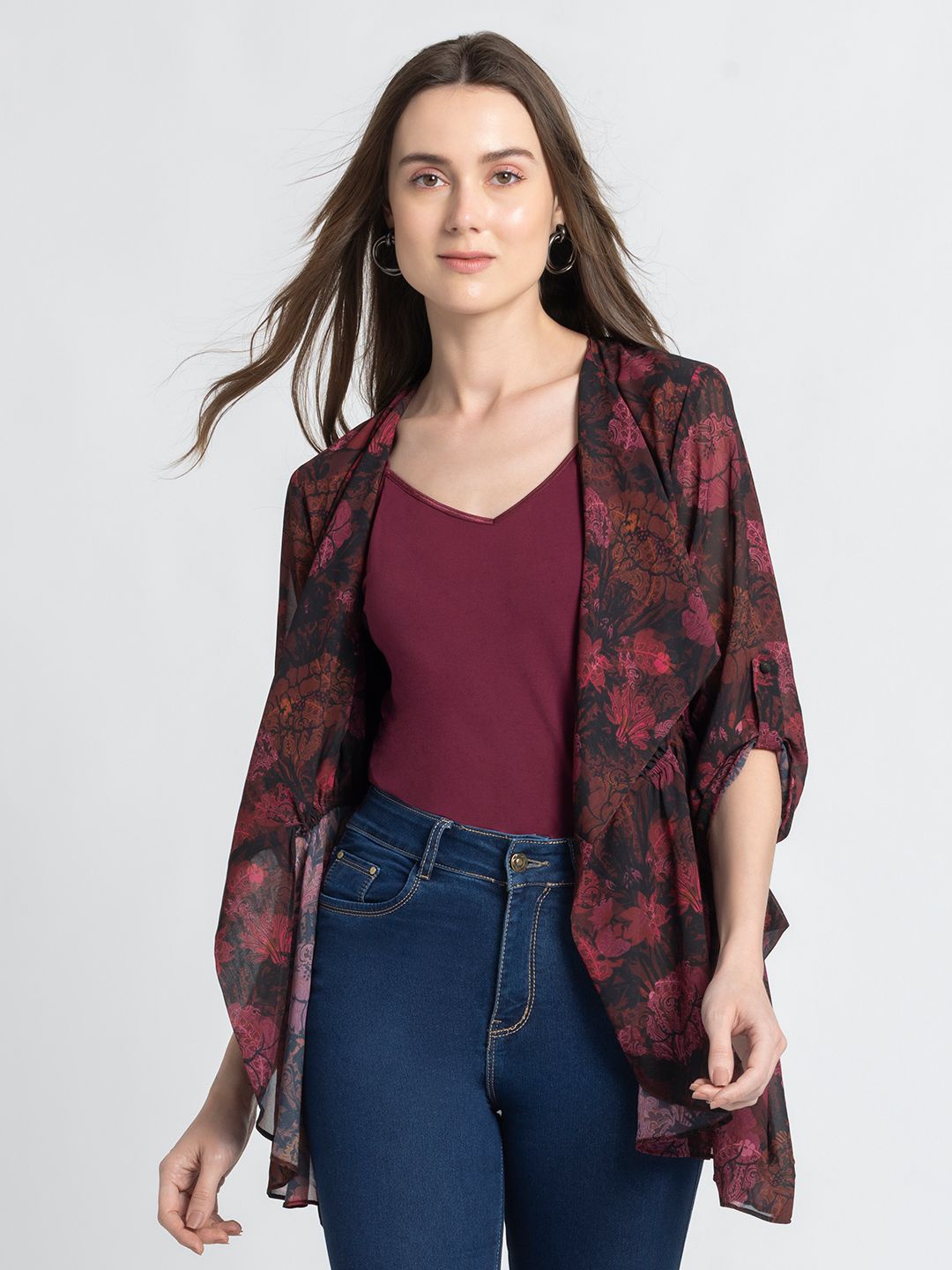 

SHAYE V-Neck Printed Georgette Open Front Shrug, Burgundy