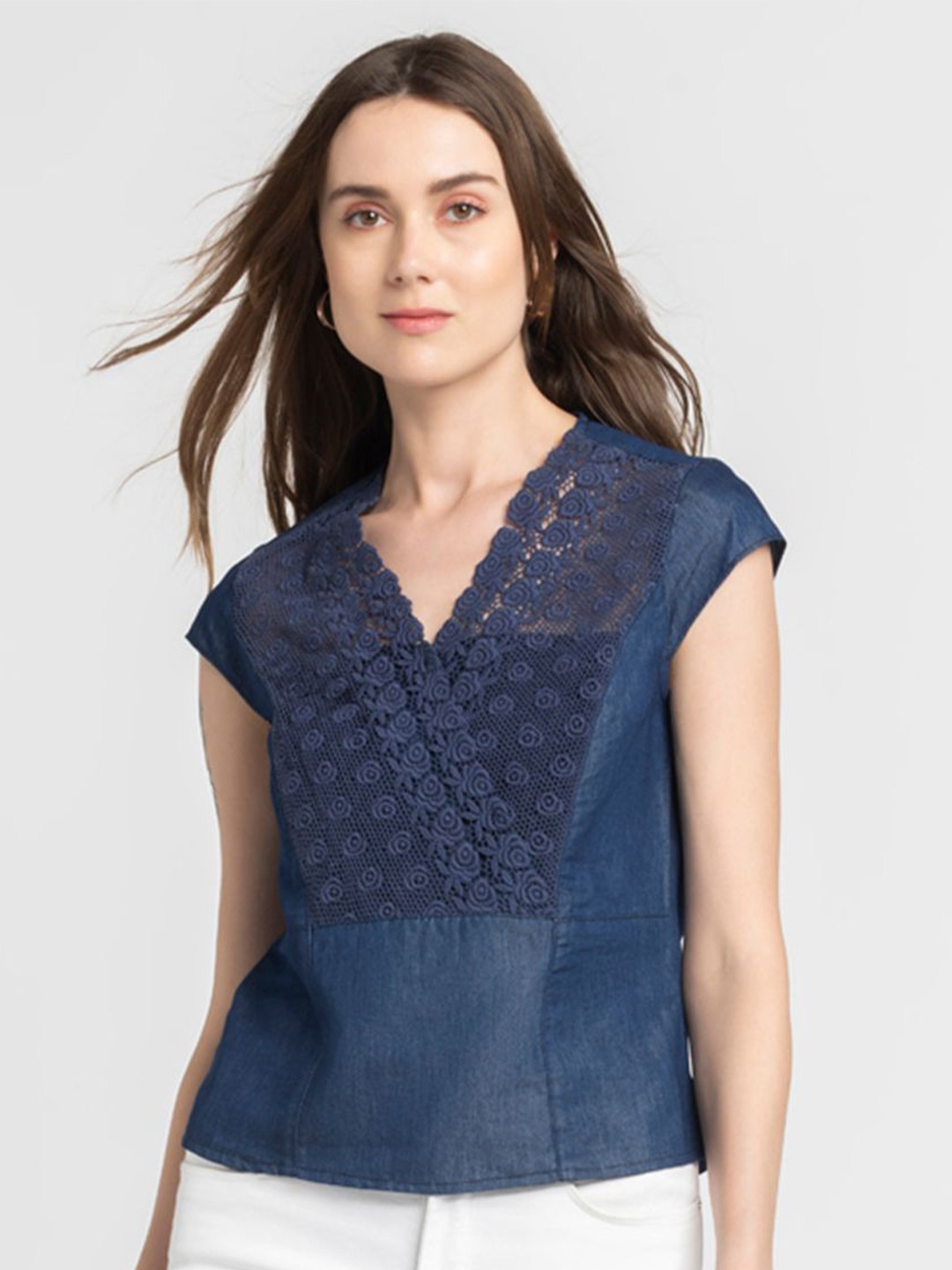 

SHAYE V-Neck Cap Sleeves Lace Inserts Detail Denim Top, Blue