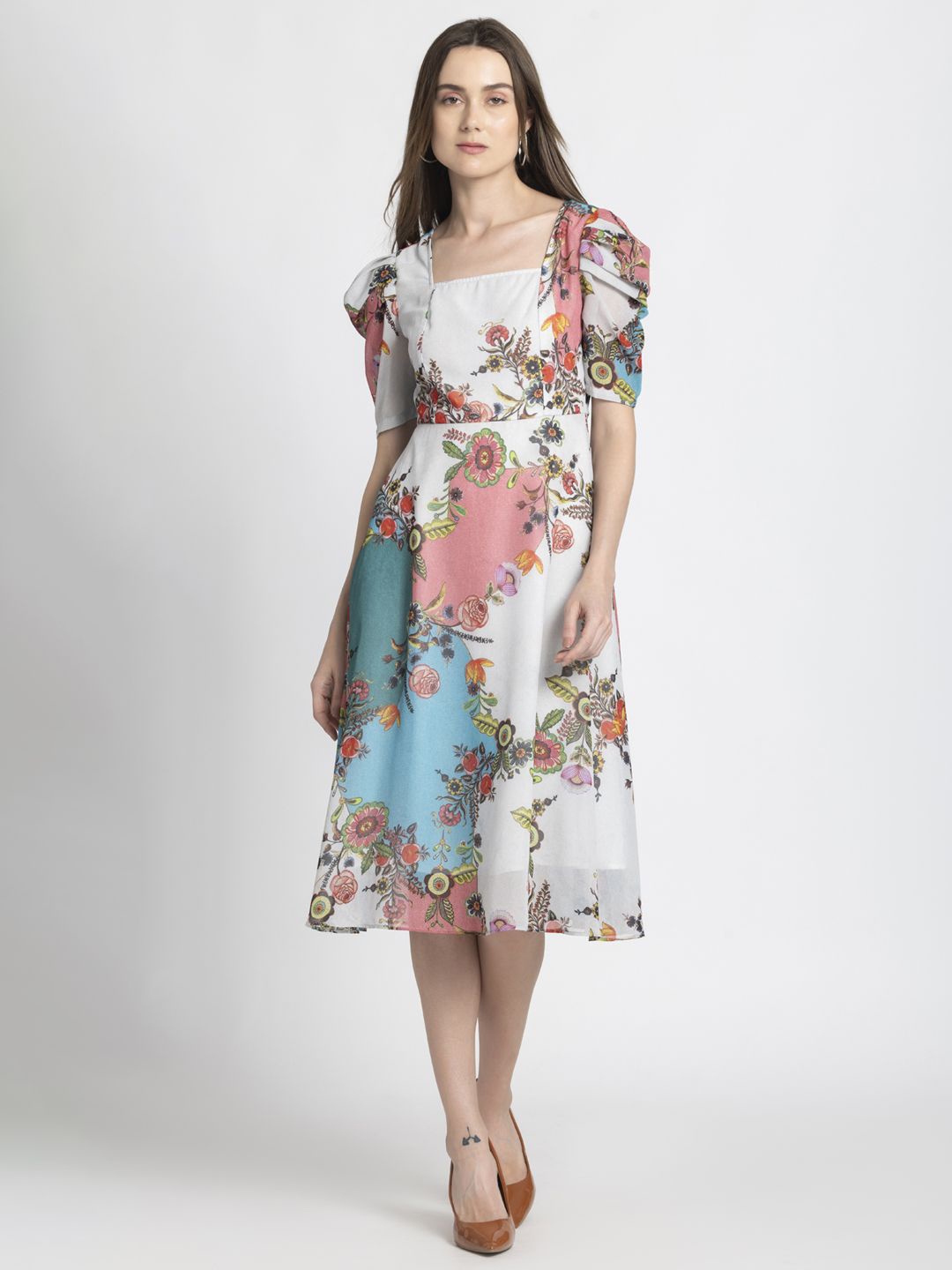 

SHAYE Square Neck Puff Sleeves Floral Print Georgette Fit & Flare Midi Dress, White