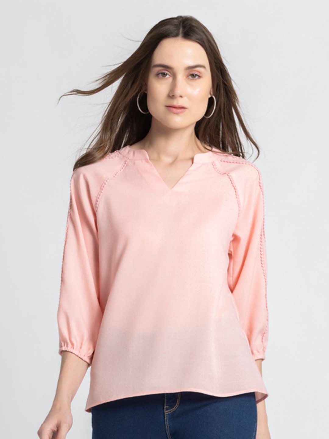 

SHAYE Mandarin Collar Cuffed Sleeves Lace Inserts Detail Top, Peach