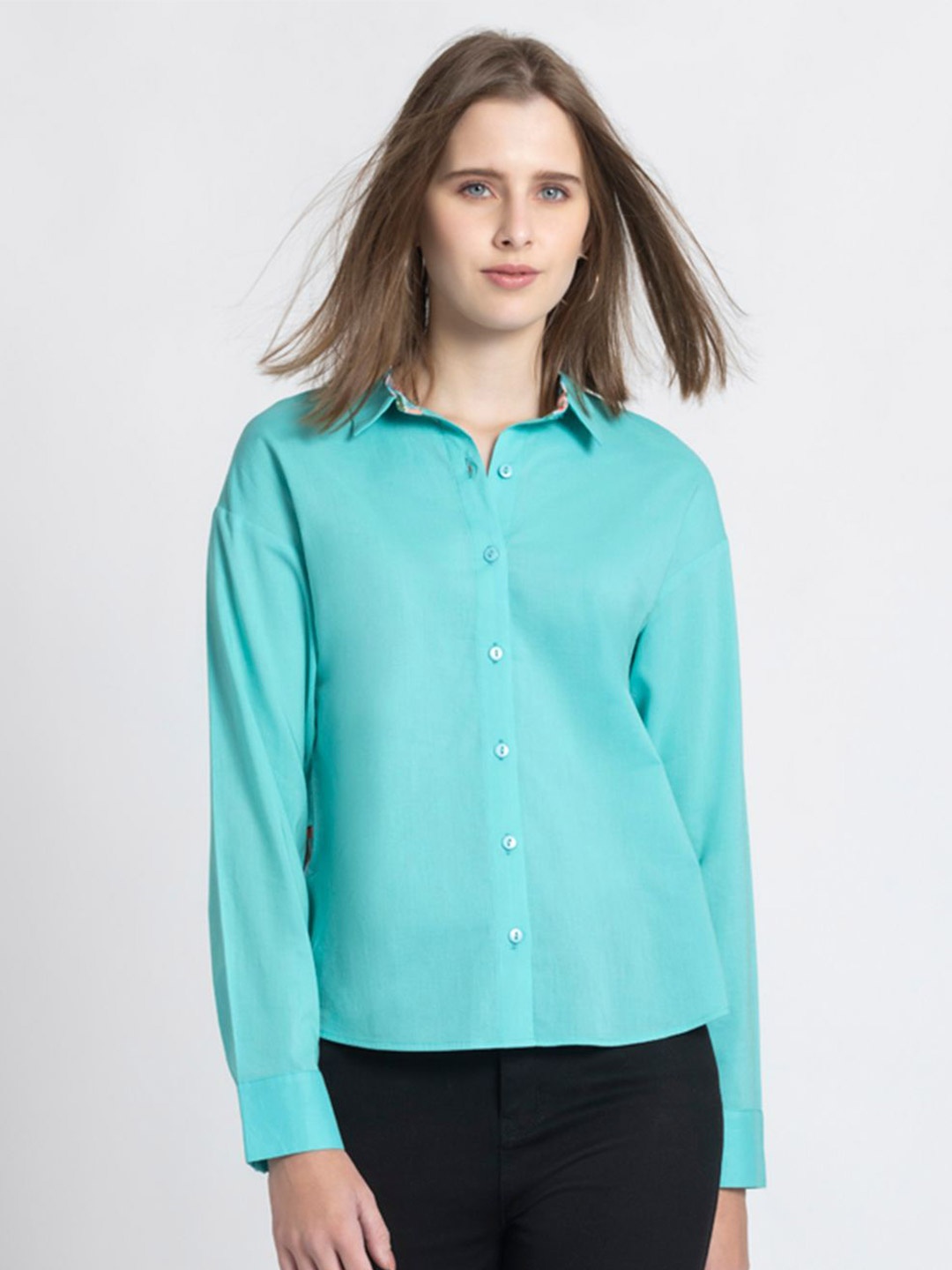 

SHAYE Spread Collar Smart Cotton Casual Shirt, Turquoise blue