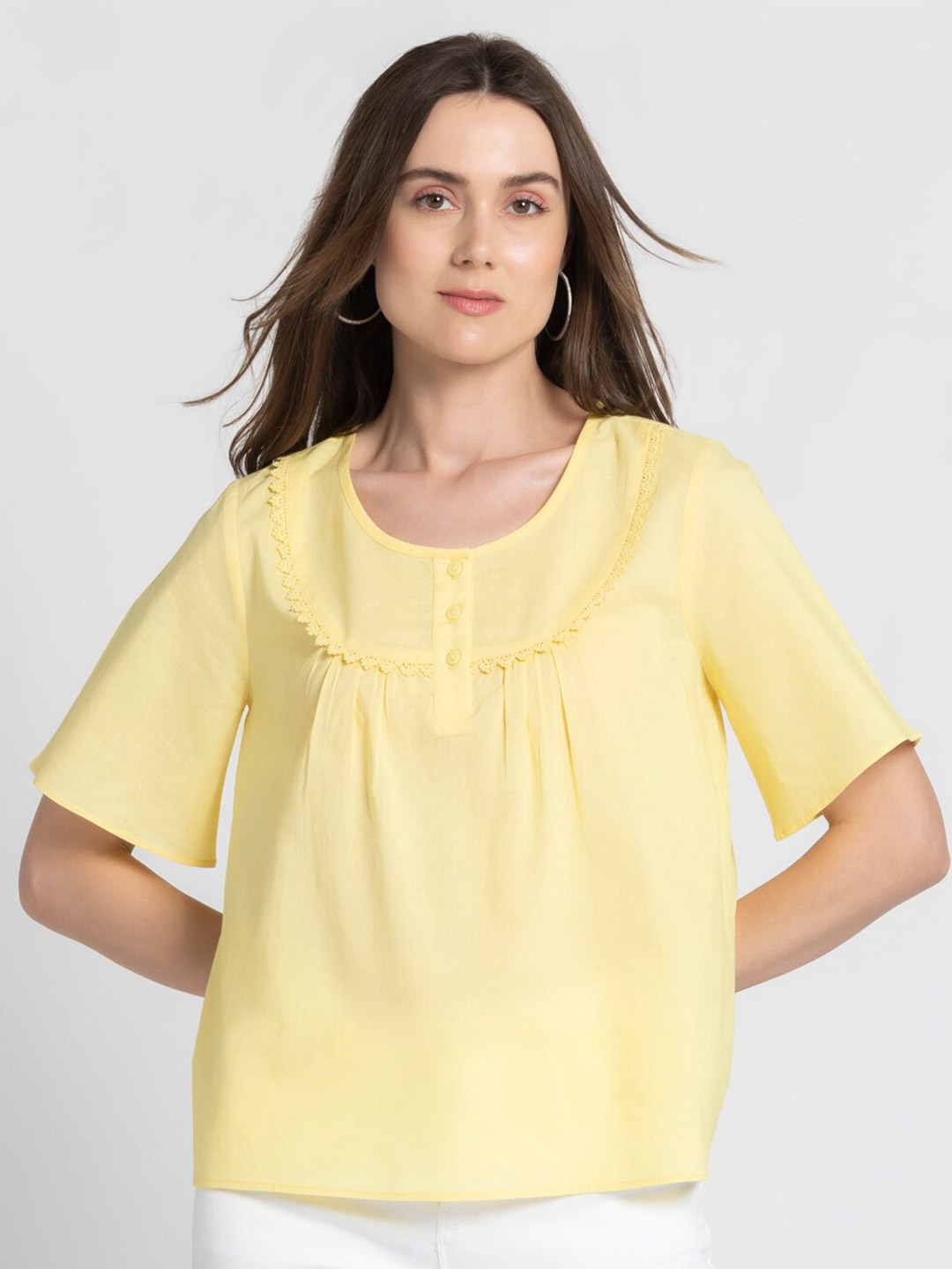 

SHAYE Flared Sleeves Lace Inserts Detail Pure Cotton Top, Yellow