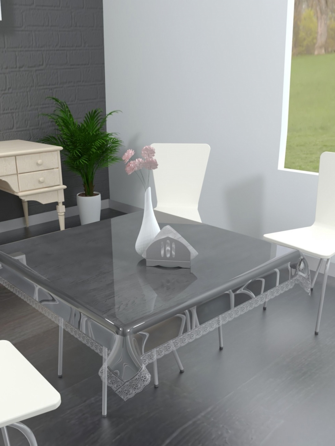 

TANLOOMS Transparent & Silver Toned Waterproof 6-Seater Table Cover