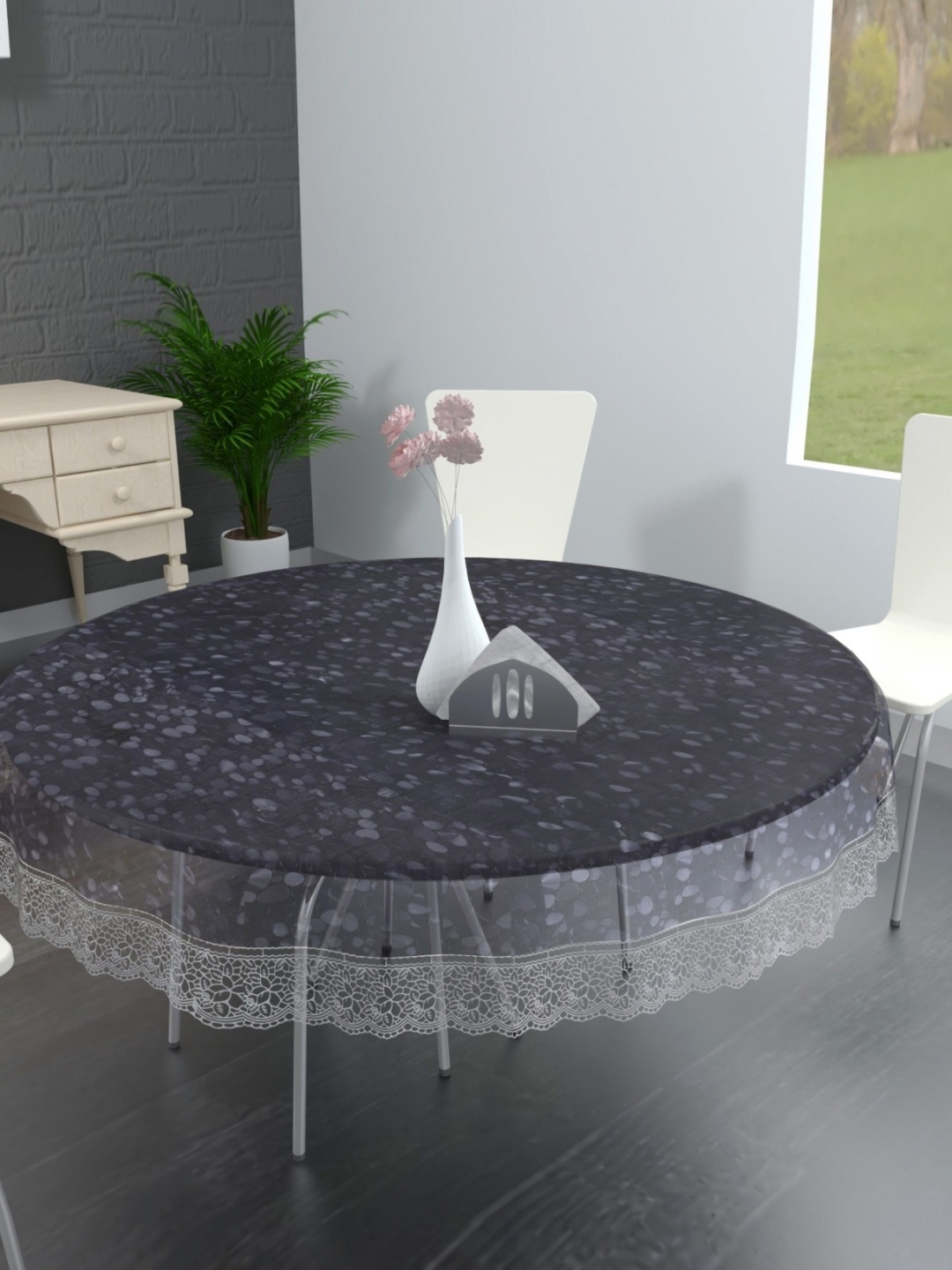 TANLOOMS Transparent & Silver Toned Waterproof Round 4-Seater Table Cover
